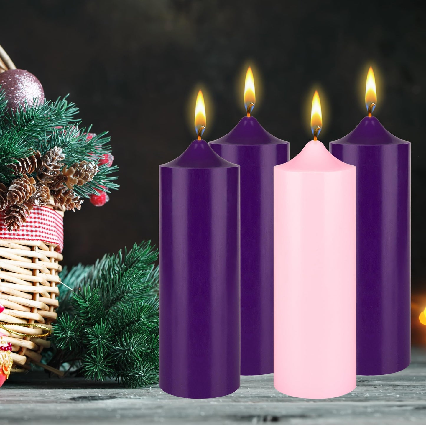 Mega Candles 4 pcs Unscented Christmas Advent Candles Set, Hand Poured Premium Wax Bell Top Round Pillar Candle 3 Inch x 9 Inch, Holidays, Festivities, Devotional, Church, Wreath, Party, Gifts