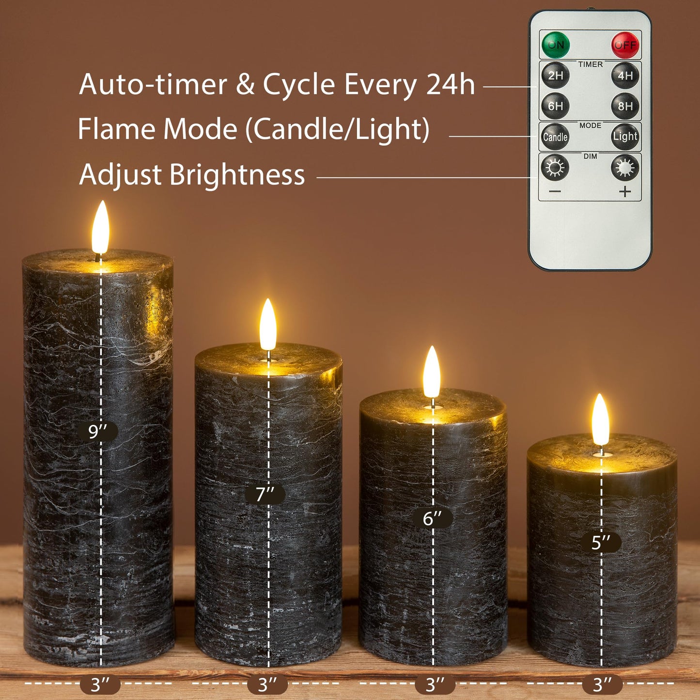 LUSHARBOR Halloween Flameless Candles, 4 Pack Battery Operated Halloween Candles with Remote, Wax LED Fake Pillar Candles Fireplace/Shelf Decor D3 H 5" 6" 7" 9" Black