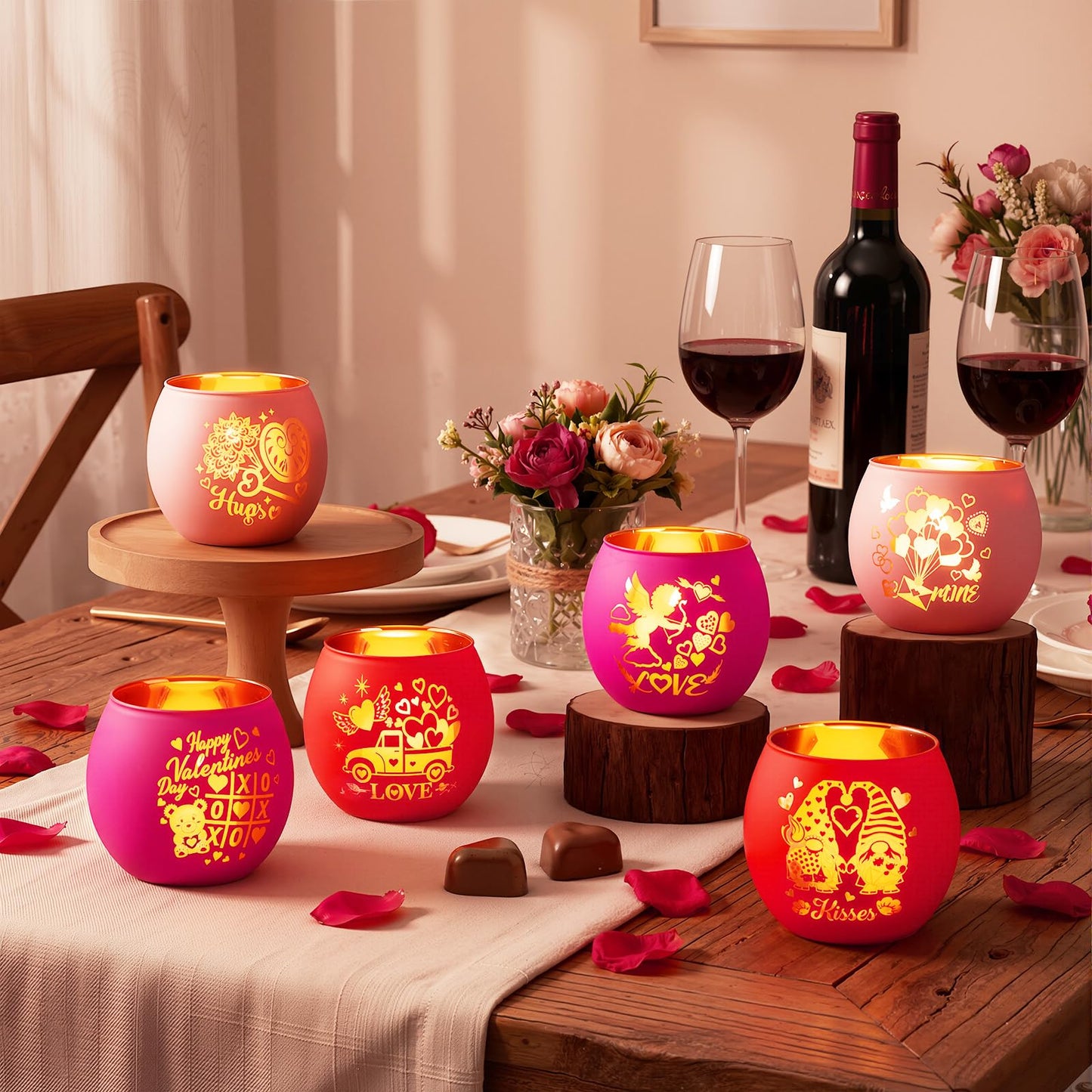 VIHOSE 6 Set Valentine's Day Tealight Candle Holders with 6 LED Battery Operated Candles Valentines Glass Tealight Holders Valentine Table Decorations for Home Table Centerpiece Decor Gifts