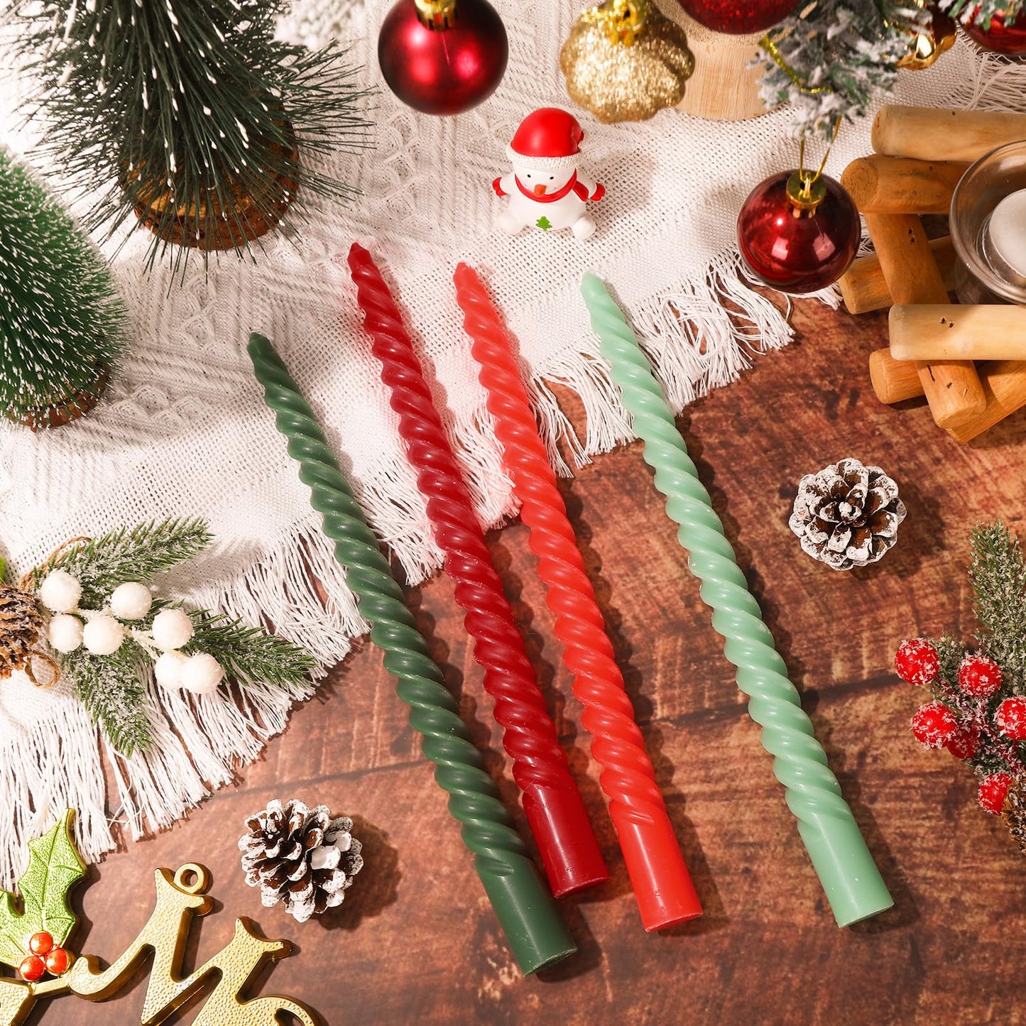 Whaline 8Pcs 10 Inch Christmas Spiral Taper Candles Red Green Dripless Twisted Wax Candles Long Unscented Candle Sticks for Xmas Home Party Supplies