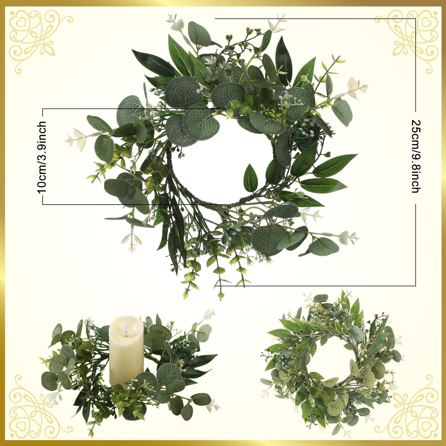 Thiccywoov 6 Pcs Artificial Eucalyptus Leaves Candle Rings Wreaths 9. 8 Inch Small Boho Greenery Wreath Pillar Candle Holder for Candleholders Kitchen Cabinet Wedding Home Door Table Decor