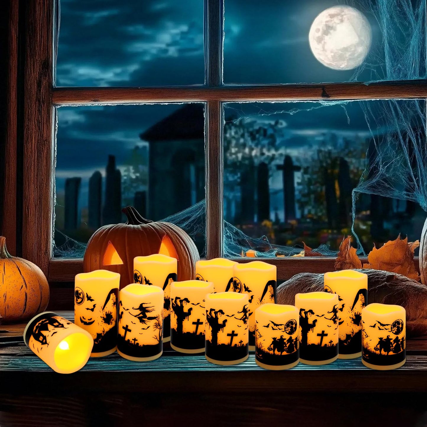 fclayvts 12-Pack Halloween LED Flameless Pillar Candles - Battery Operated with Remote & Timer, Flickering Warm Light, Witch/Bats/Castle Decals - Spooky Halloween Decor, Ghost Party Supplies, Gifts