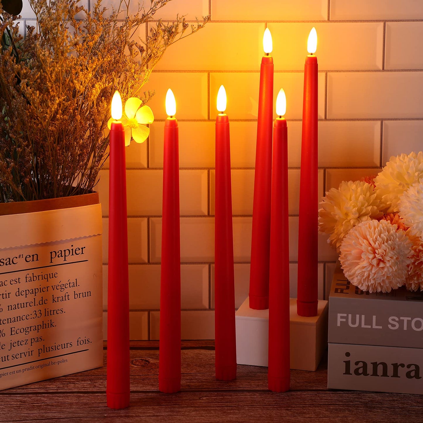 Macarrie 24 Packs Flameless Taper Candles Battery Operated Fake 11 Inch Long Candlelight LED Flameless Candlesticks Flickering Tapered for Spring Summer Wedding(Red)
