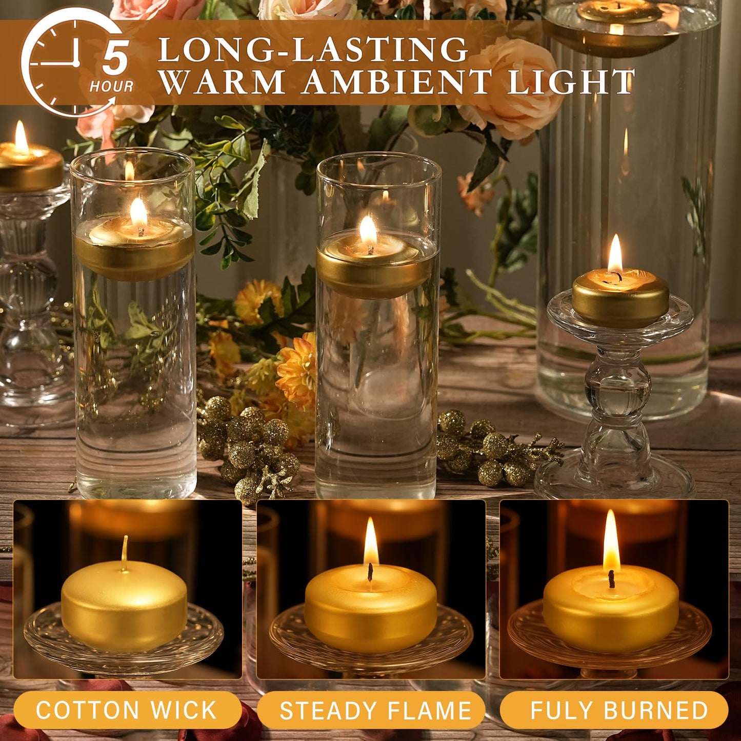 GINITIRI 2 inch Gold Floating Candles, 48 Pack Unscented Floating Candles for Centerpieces,5-6 Hours Water Activated Candle Bulk for Cylinder Vases Wedding Pool
