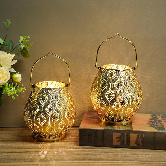 TRIROCKS Set of 2 Moroccan Decorative Lamps 8'' High Cordless Lamp Metal Table Lamps with Fairy Lights Bulb for Home Living Room Garden Yard Party Events Tabletop Indoor Outdoor(Gold)