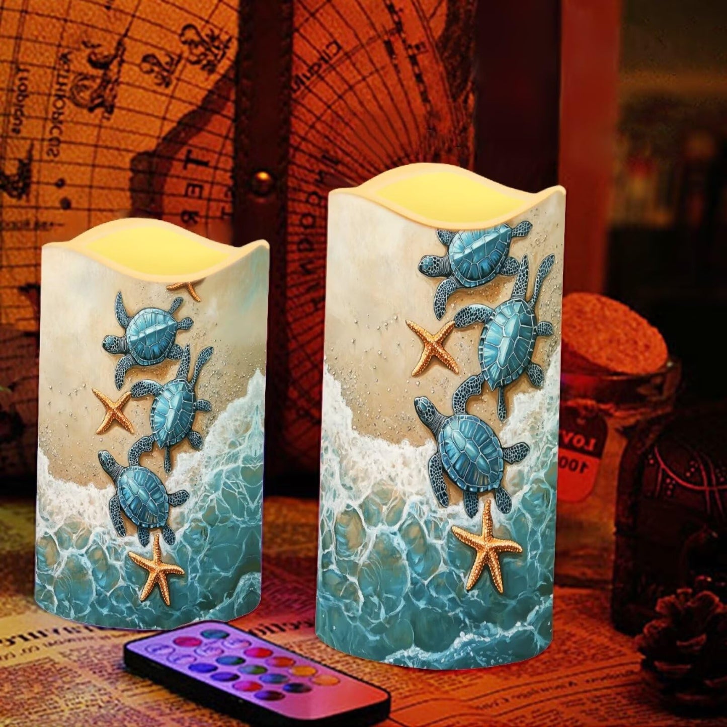 Ystardream 4PCS Flameless Candle Sea Turtle Led Flameless Candles with Remote Fake Candles that Look Real for Home Living Room Bathroom Bedroom Decor,Starfish