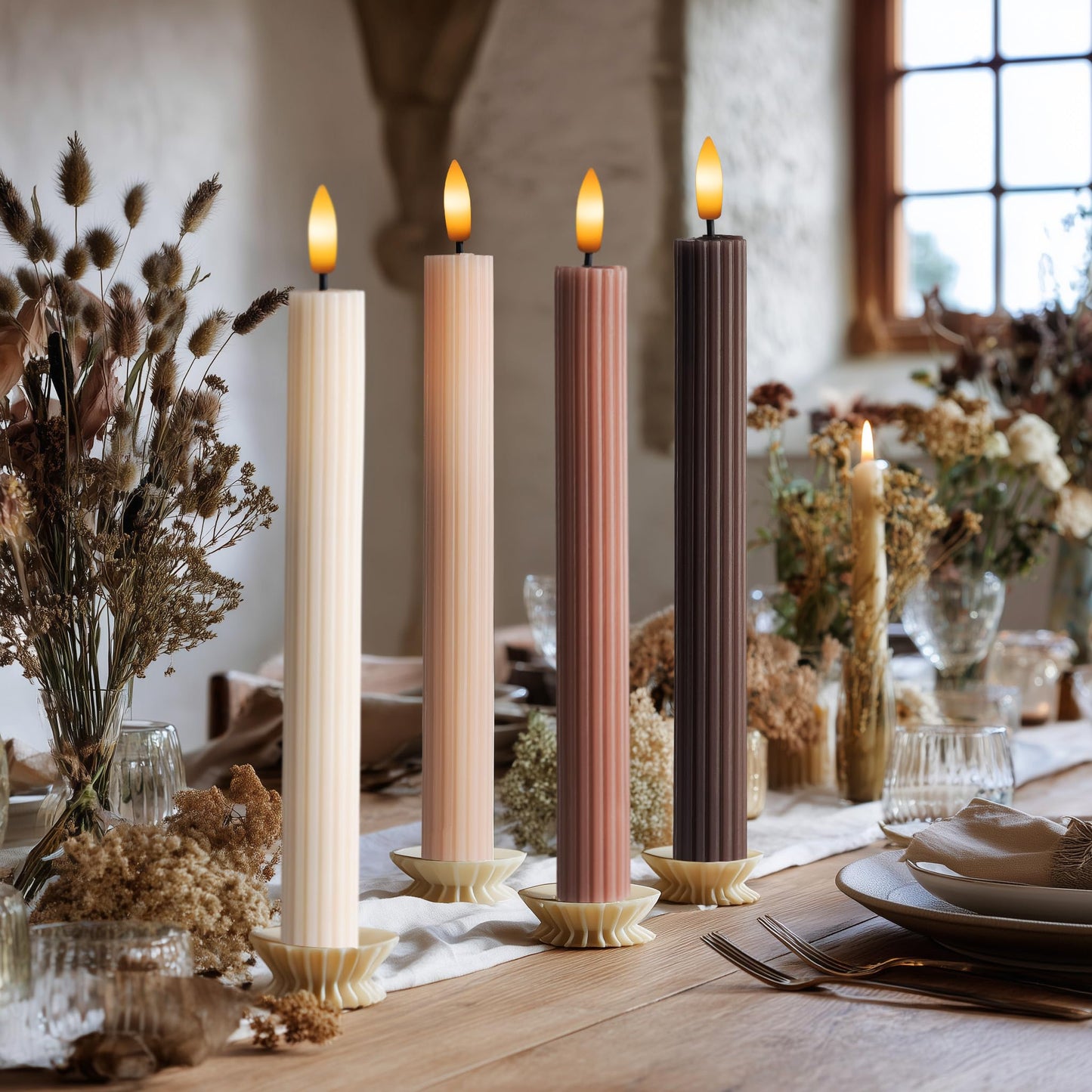 WYZworks Coordinated Chocolatey Mocha Brown 4 Pack, 10" Real Wax LED Flameless Fluted Ribbed Grooved Taper Candles, Remote & Timer Memory, On/Off Button, Dimmable, Battery Operated, Menorah Wedding