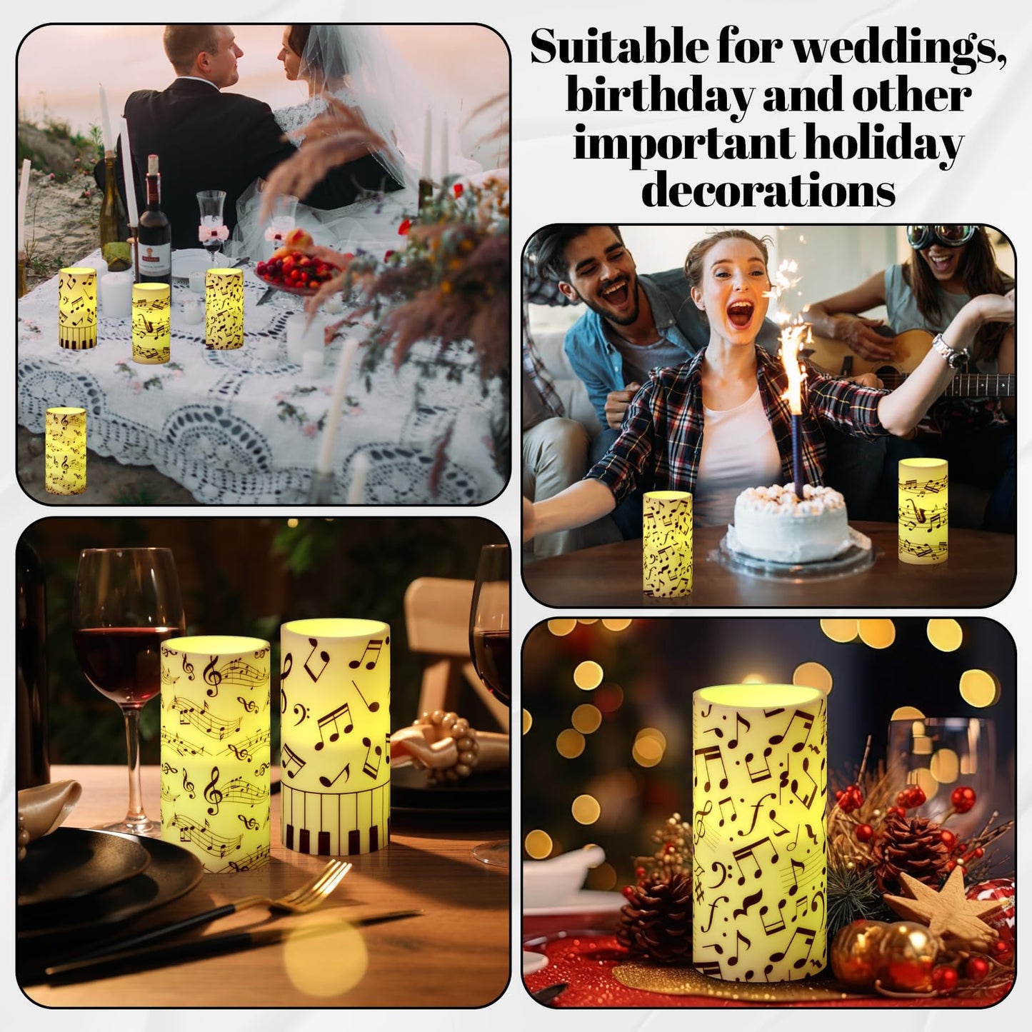 Tiamon 4 Pcs Music Notes and Clef Candles LED Musical Themed Flameless Candles Set Battery Operated with Remote Control LED Pillar Decorations for Party Wedding Birthday Decor