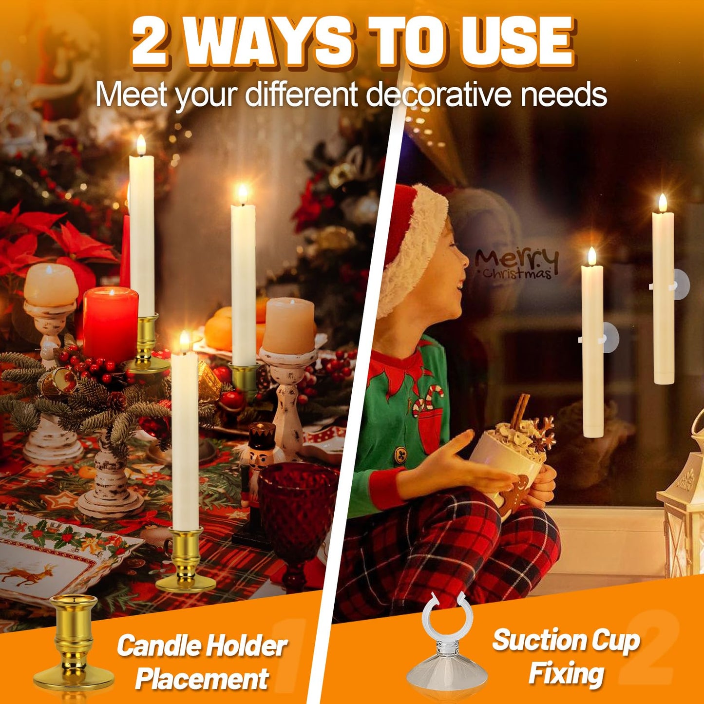 PAMASE 2-in-1 LED Christmas Window Candles - Battery Operated Christmas Candles with Timer/Removable Candlesticks/Suction Cups, Flameless Candle Lights for Xmas Holiday Decorations (6 Pack)