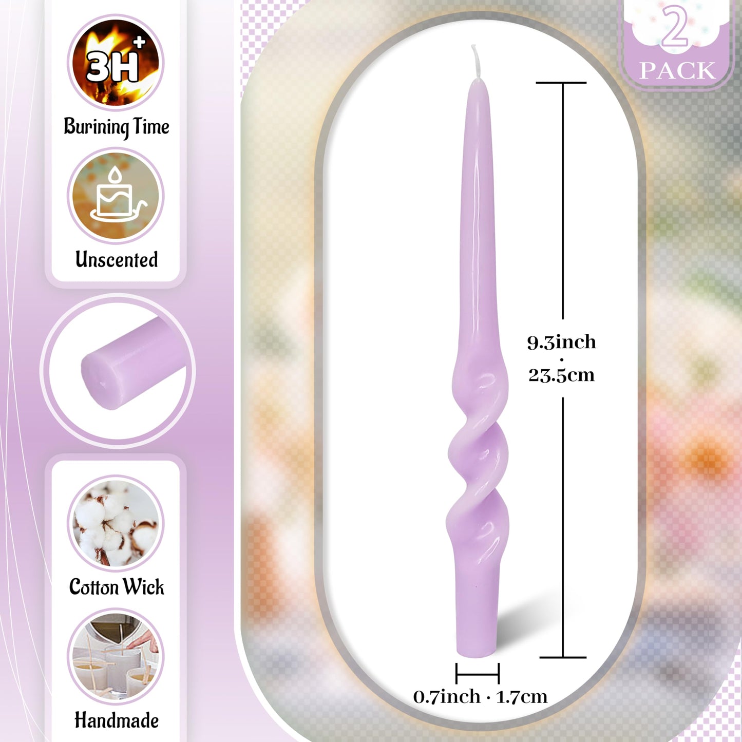 FLAMMUL Spiral Taper Candles Handmade Unscented Twisted Candles 9.5 Inch Purple Candlesticks Dinner Candles for Table Home Party Decor 2 PCS