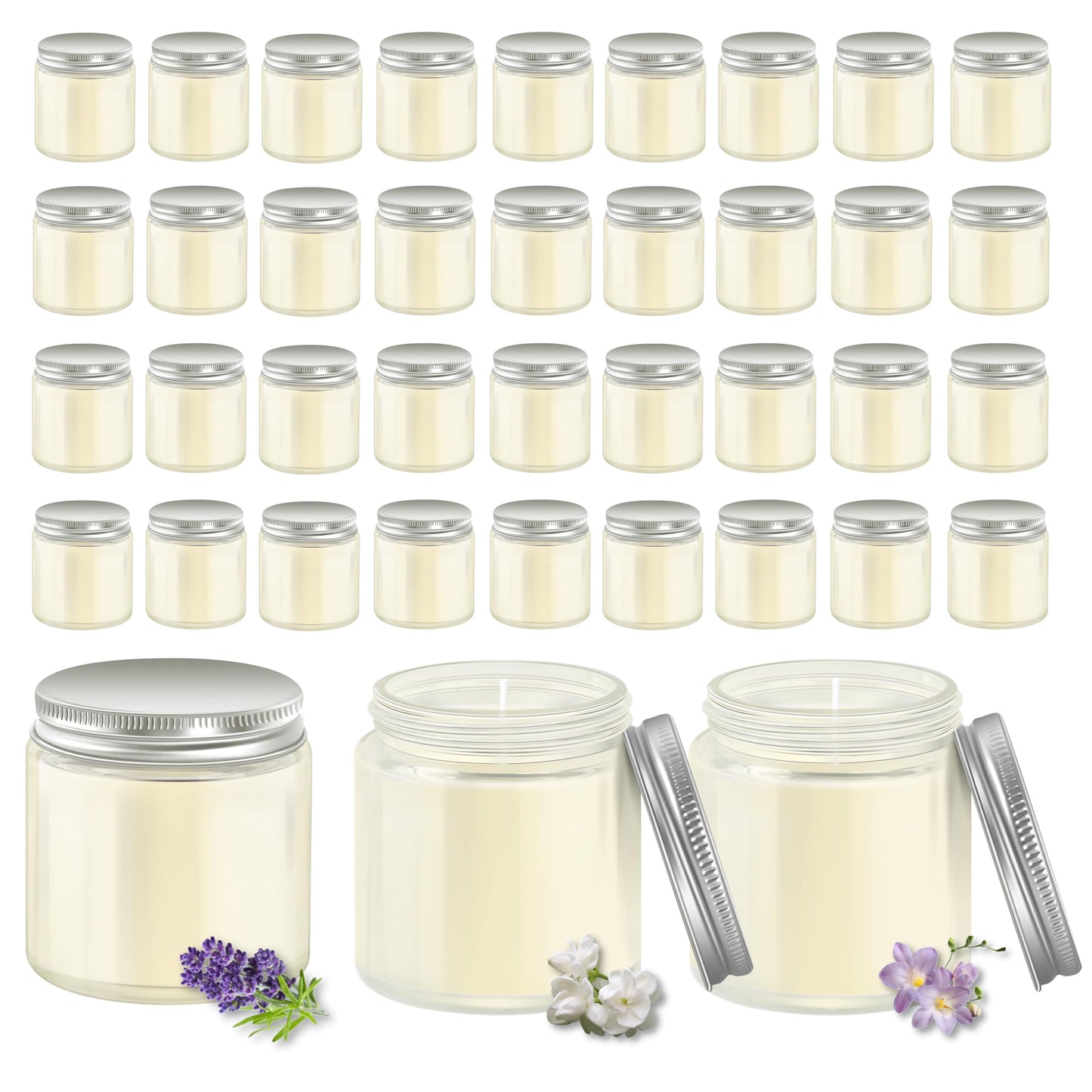ACITHGL 36 Pcs 4oz Mini Mason Jar Candles Small Scented Candles Bulk Aromatherapy Ideal Souvenir Favors for Wedding Birthday Party (Freesia, Lavender, Jasmine, Silver)