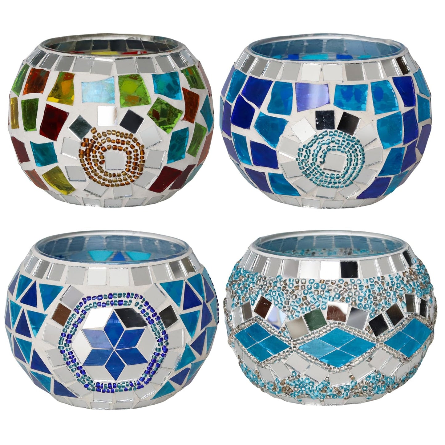 4PCS Mosaic Tealight Candle Holder Set - Blue Mediterranean Glass Votive Candle Holder for Summer Ocean Decor & Diwali Decorationr & Diwali Gift