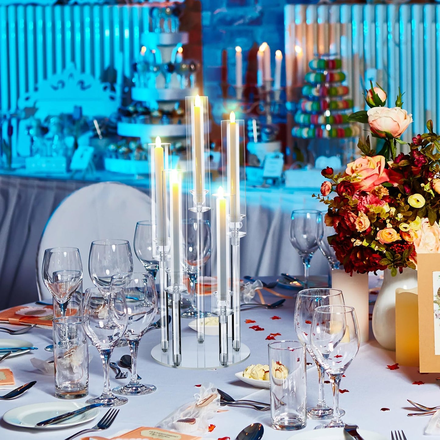 Dandat 2 Pack 5 Arms Acrylic Candelabra Candle Holder Clear Candelabra Centerpieces for Wedding, Crystal Candlesticks Pillar Taper Candlesticks for Living Room Dinner Table Decoration Fit LED Candle