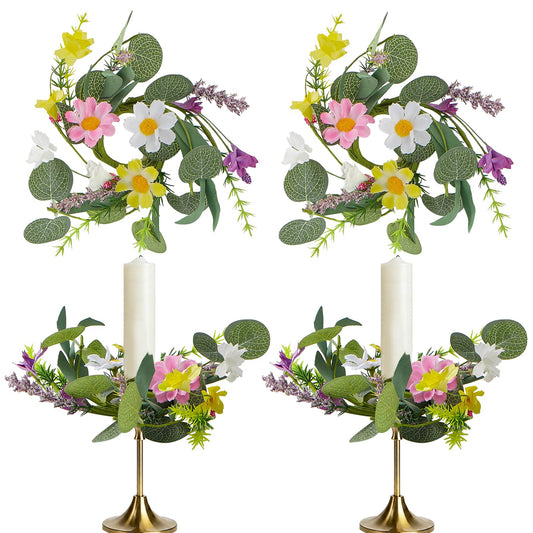 4 PCS Mini Floral Candle Rings Wreath 1.38" Artificial Wildflowers Flower Candle Holder Ring Spring Summer Table Centerpieces Candle Decorations Ring Candle Wreath for Home Church Wedding Party Decor
