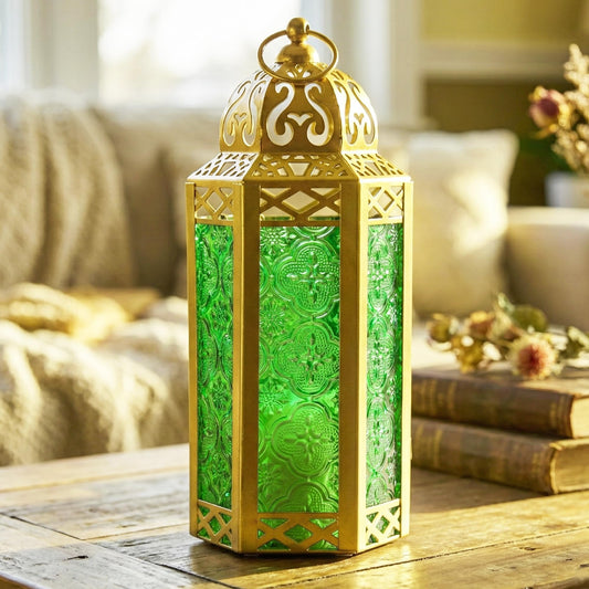 VELA LANTERNS 10.5" Gold Moroccan Candle Lantern Decorative Candle Holder Lamp for Table or Hanging, Ramadan Decorations, Indoor Home Decor, Outdoor Patio or Porch, Weddings, Green Glass, Medium