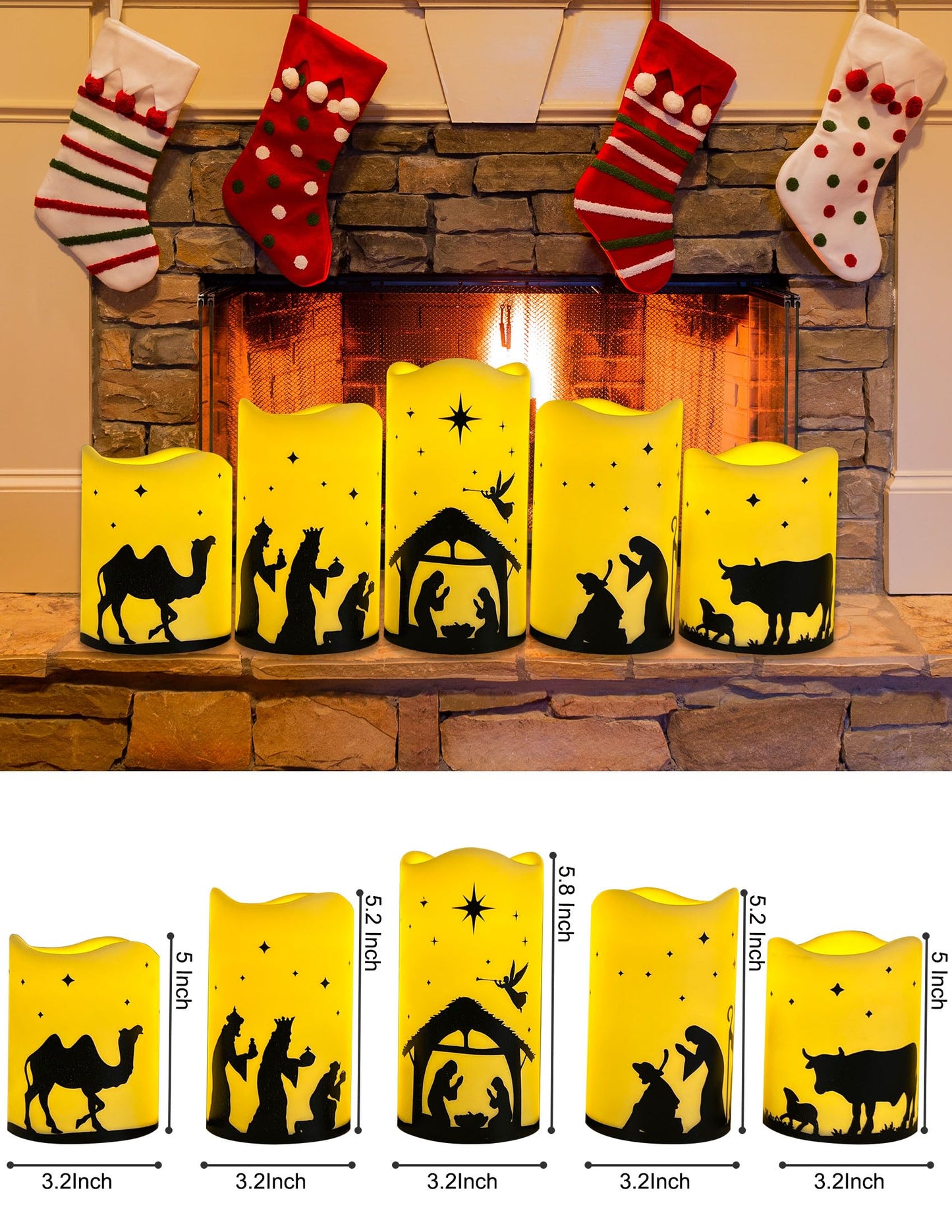 QVAIVE Flameless Christmas Nativity Scene Candles, Pillar Flickering Religion Candle with Timer Remote,Battery Operated LED Fake Candle for Xmas Home Holiday Decor Set of 5