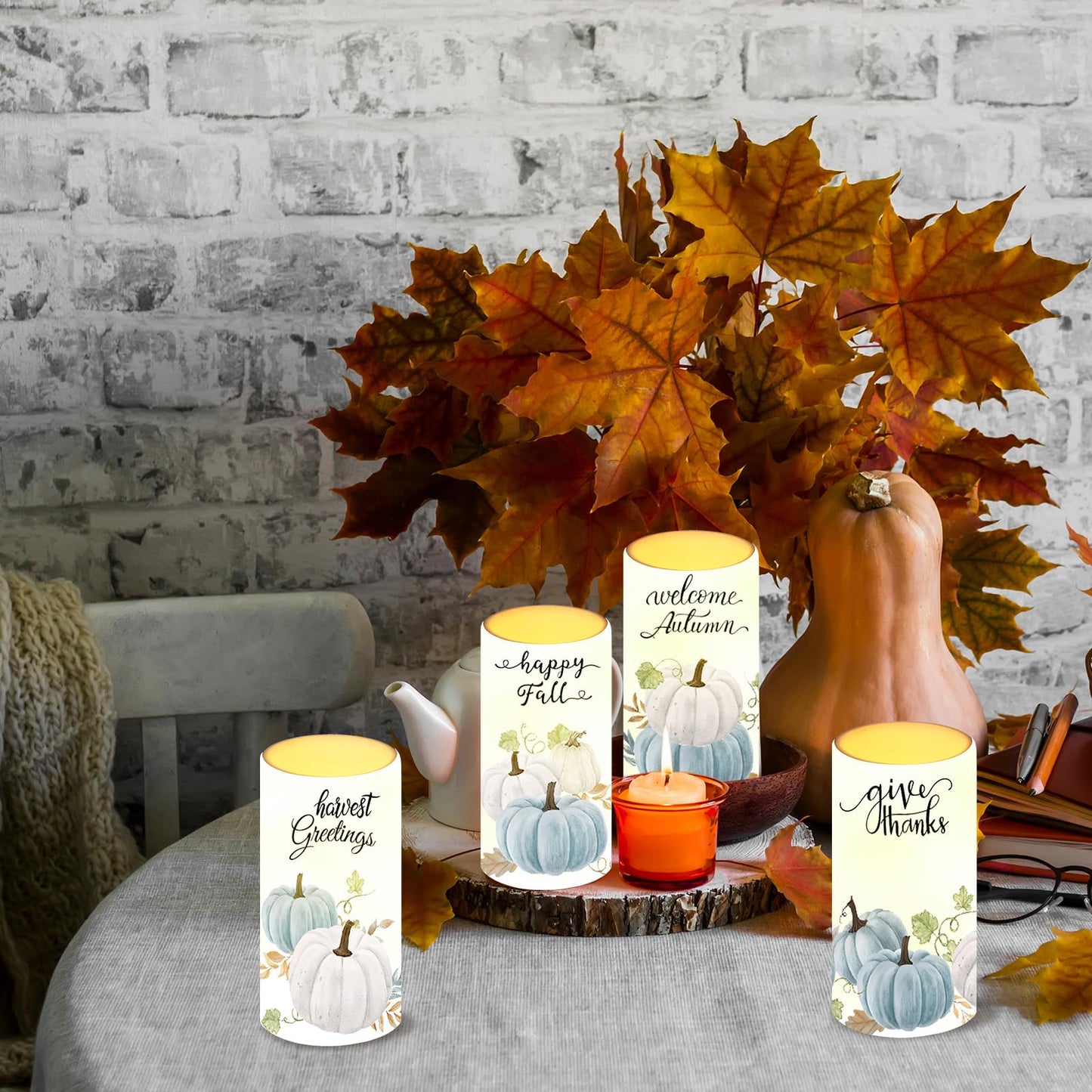 Tiamon 4 Pack Fall Led Candles with Remote - Blue Pumpkin Flameless Candles - Autumn Battery Operated - Warm Light Flickering - Harvest, Thanksgiving Table Decorations, Gift
