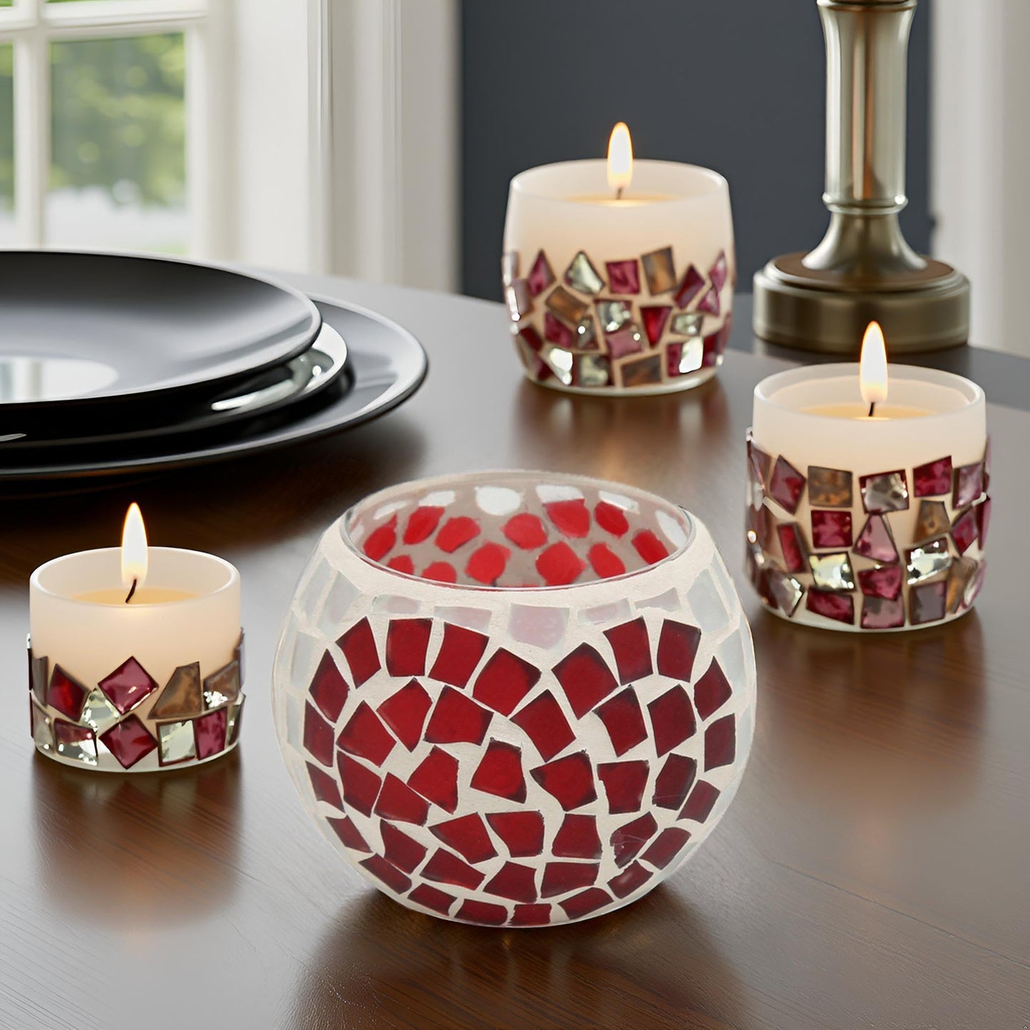 Mosaic Candle Holder, Hundreds of Small Glass Pieces Making Love Heart Pattern Delicate Mosaic Glass Tea Light Candle for Restaurants Bars