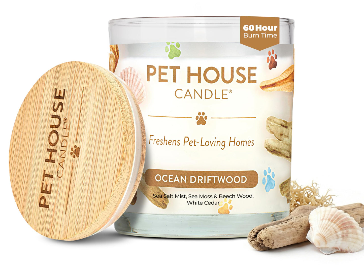 Pet House Candles, Clean Long-Burning, Scented Pet Friendly Candles, Plant-Based, 60 Hour Burn Time - Ocean Driftwood, 9 oz