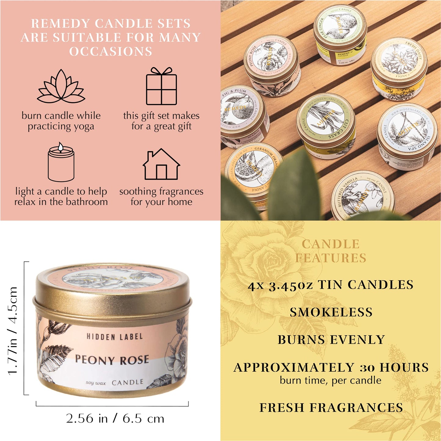 Hidden Label Scented Candles Gifts for Women, Remedy Collection Small Soy Candles 4pack 3.45oz Travel Tin, Gifts for Birthday Valentines Day Mothers Day Christmas(Set1)