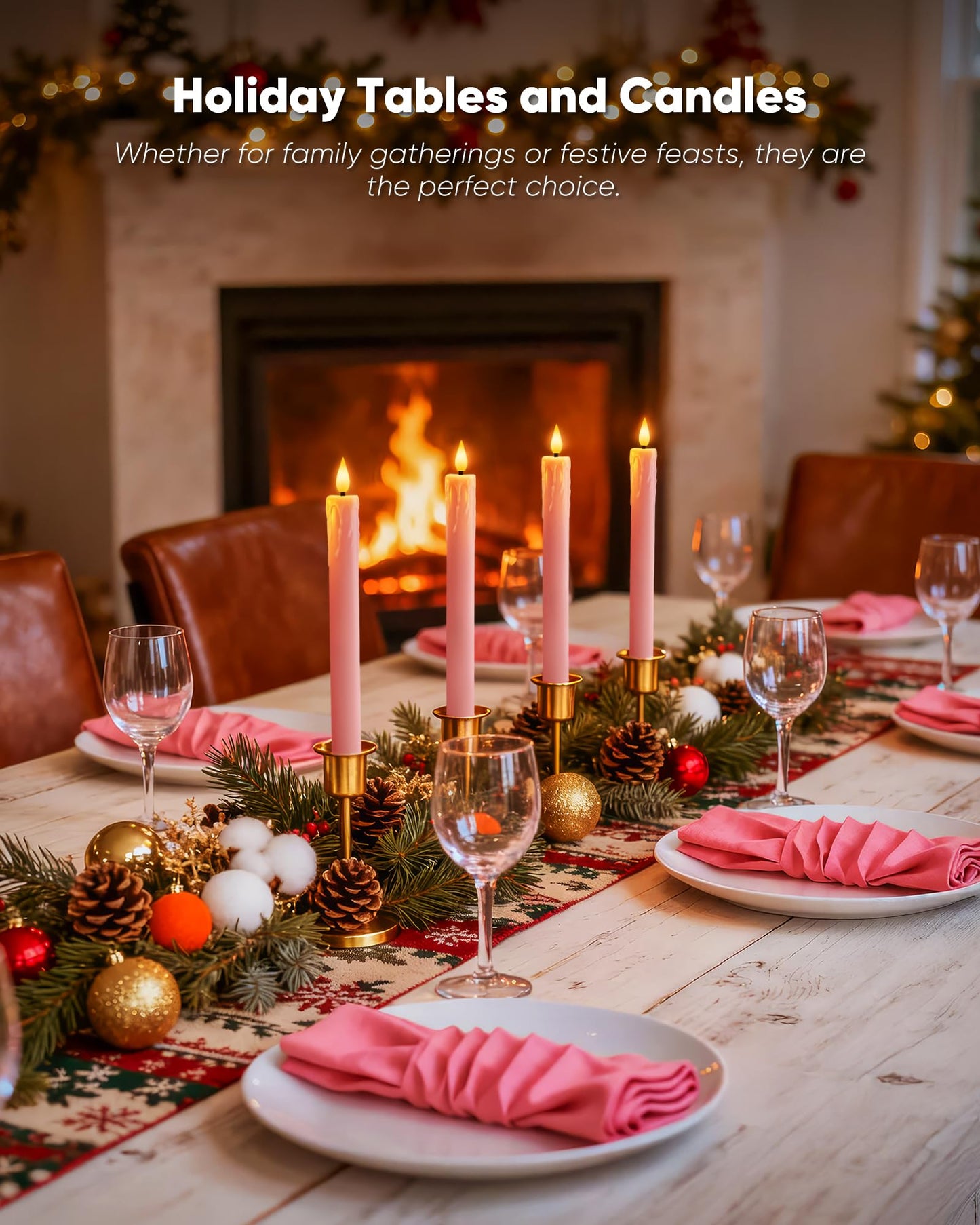 Homemory 6 Pcs Real Wax Pink Flameless Taper Candles with Remote Timer, 9.6 Inches LED Fake Candlesticks, LED Candle with 3D Flickering Flame for Romantic Wedding, Dinner, Xmas Anniversary Decor
