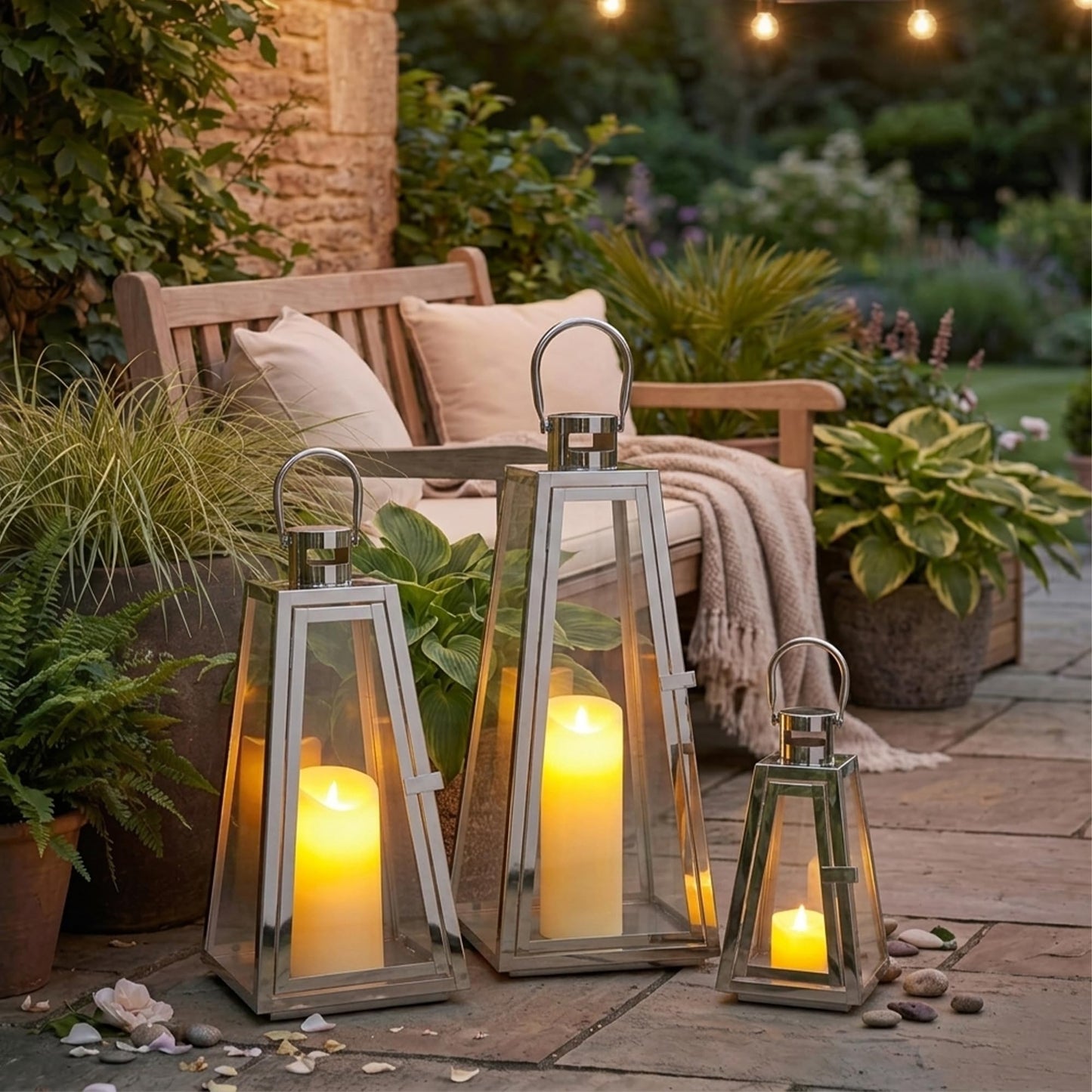 TRIROCKS Set of 3 Stainless Steel Candle Lantern 21''&16''&11'' High Metal Candle Holder with Tempered Glass Panels for Christmas Home Decor Living Room Parties Events Indoors Outdoors (Silver
