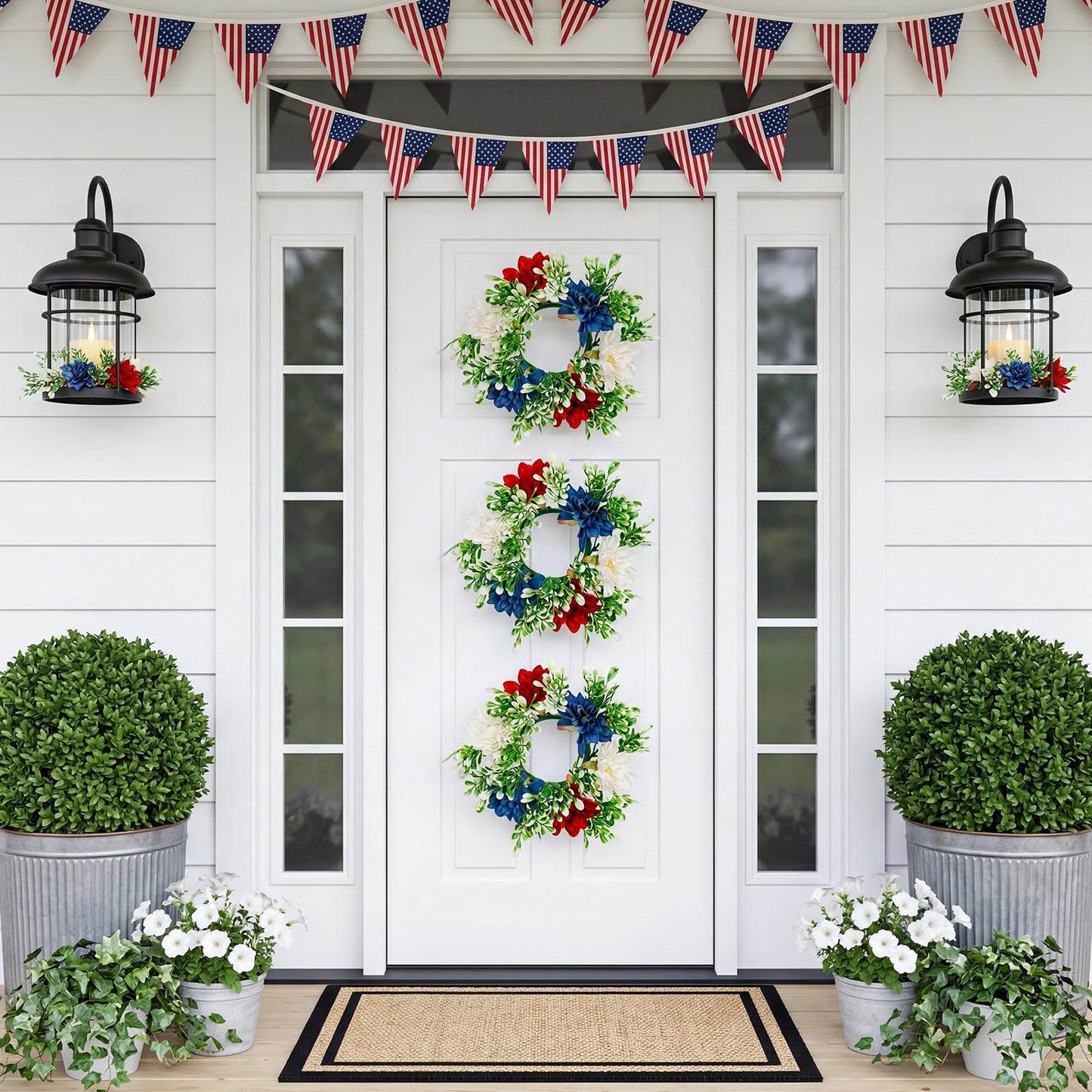 Yunlly 4 Pcs Artificial Dahlia Candle Rings Wreaths, Patriotic Red White and Blue Floral Rings Holders with LED Flameless Candles for 4th of July Independence Day Memorial Day Table Centerpiece