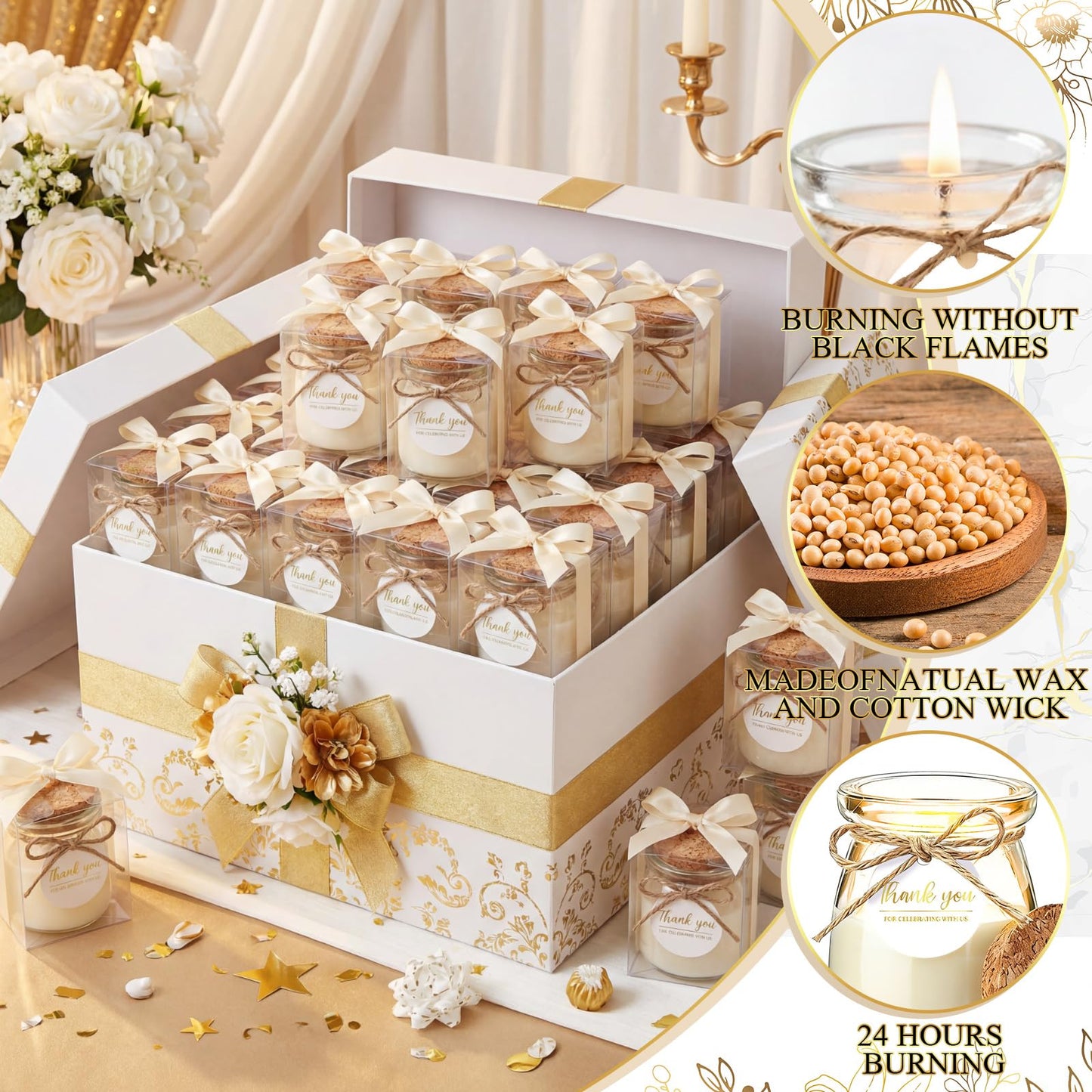 MTLEE 20 Sets Wedding Candle for Guests Beige Thank You Candles Gift Bulk Glass Jars Scented Soy Wax with Clear Gift Box for Bridesmaid Groomsman Bridal Shower Housewarming Party Favors