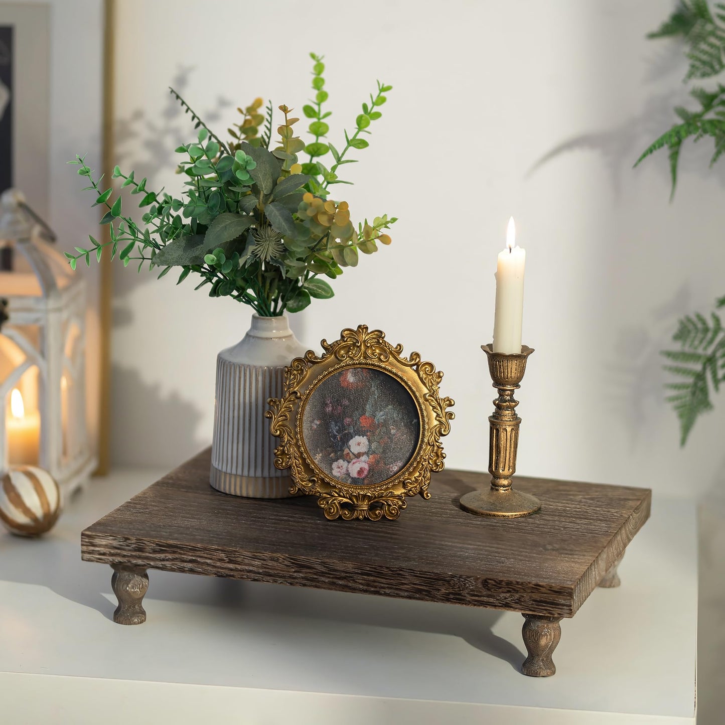 Hanobe Wooden Riser Decorative Tray: Farmhouse Wood Pedestal Display Stand - Rustic Brown Coffee Table Decor for Kitchen Dining Home Decor, Short & Tall Footed