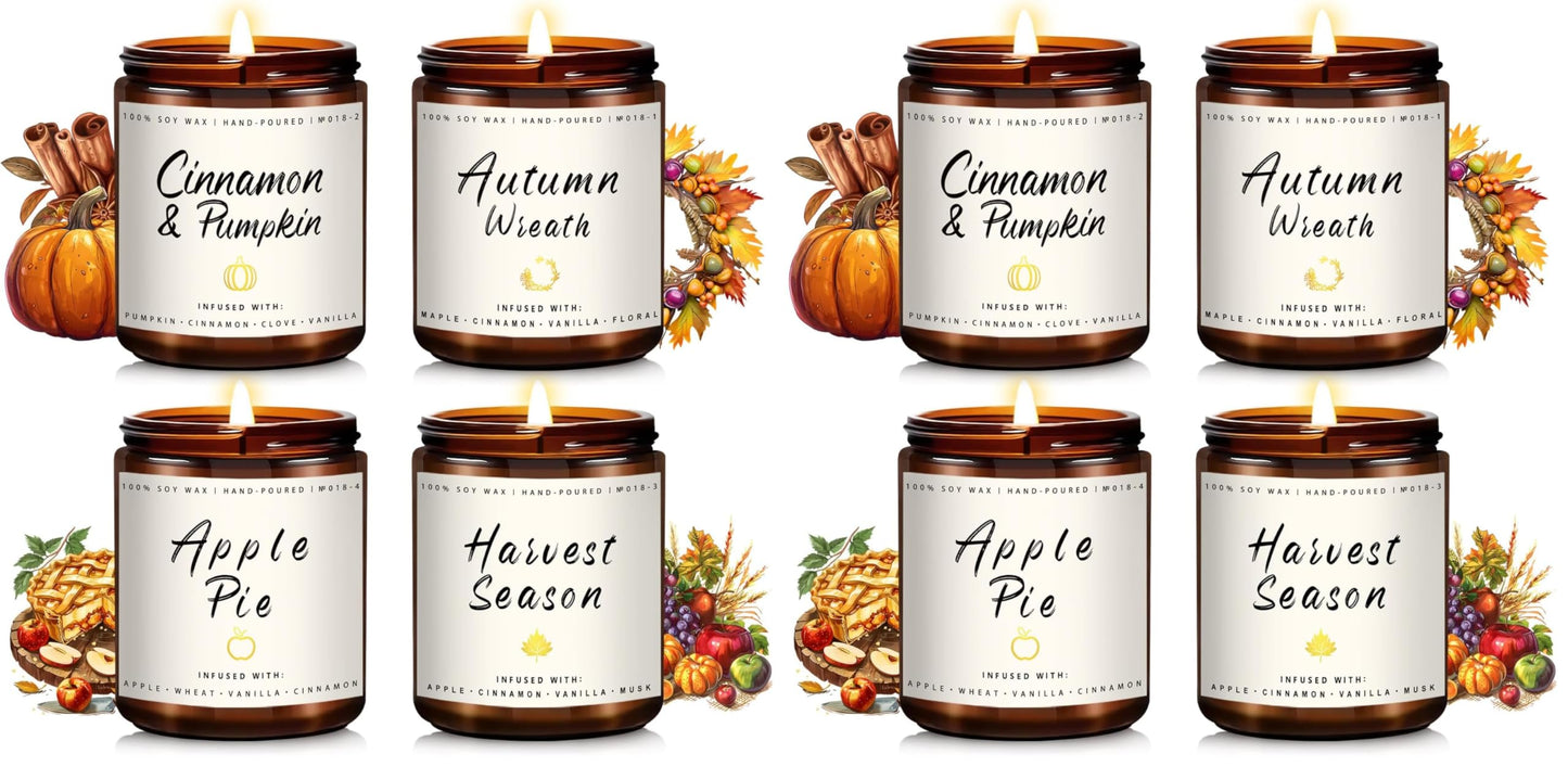 Auelife Fall Candle Set | 8 Pack Scented Candles for Home - Candle Gifts for Women Men, Soy Candles Home Scented | Autumn Fragrance of - Apple Pie/Cinnamon/Harvest/Wreath