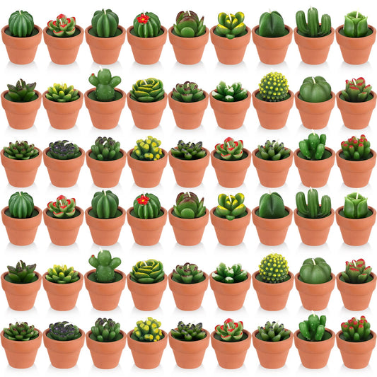 Lounsweer 60 Pcs Succulent Tealight Candles Bulk Novelty Decorative Cactus Candles Wedding Baby Shower Wedding Gifts with Mini Clay Holders for Birthday Party Home Mexican Party Favors (Simple)