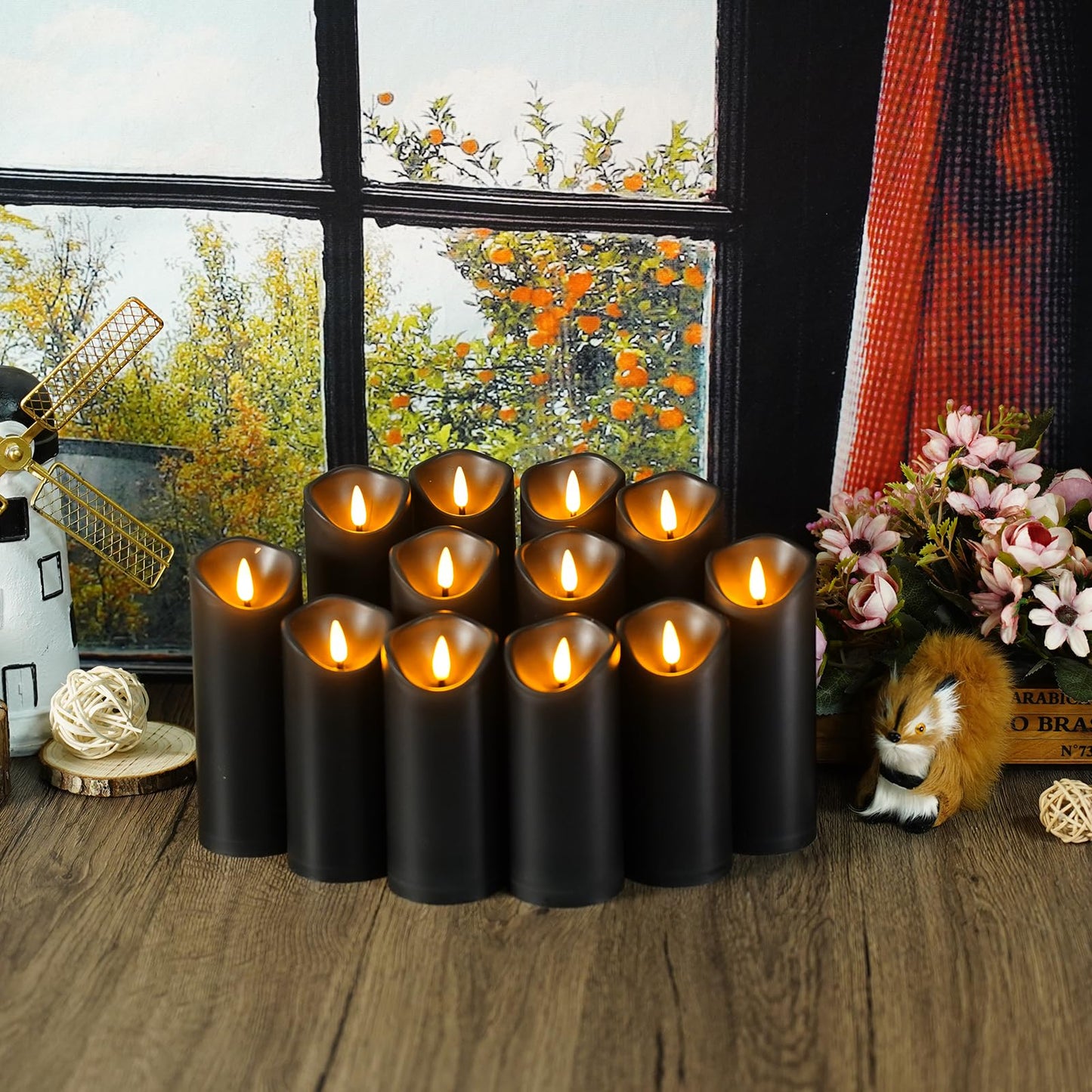 Nimiko Flameless Candles with Remote, Battery Operated Flickering Flameless Candles, LED Candles with Timer 2/4/6/8H, with Realistic LED Candles Set of 12 (D2.2 x H 5" 6" 7") (Black)