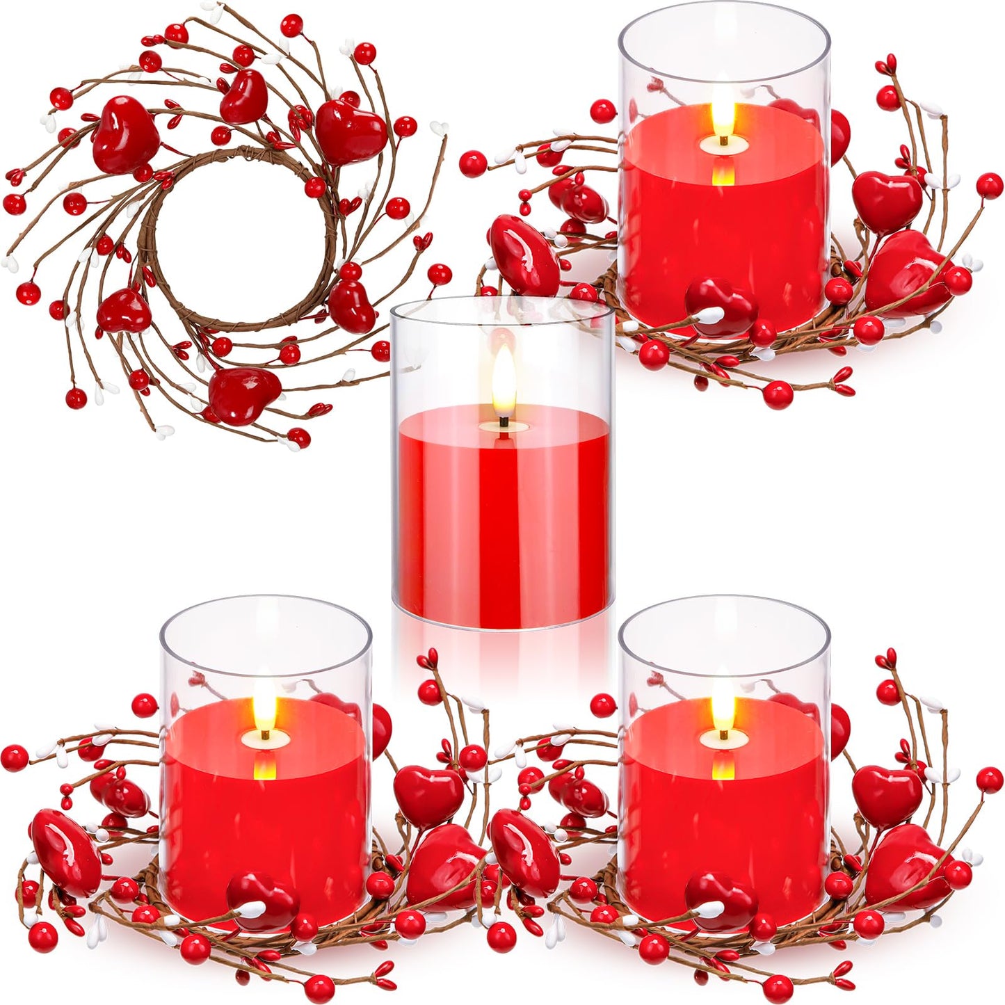 Yunlly 4 Pcs Valentine Candle Wreaths Rings Red Heart and Berry Candle Holder Rings with LED Flameless Red Candles, 9.5" Wide for Valentine's Day Wedding Windows Table Centerpieces