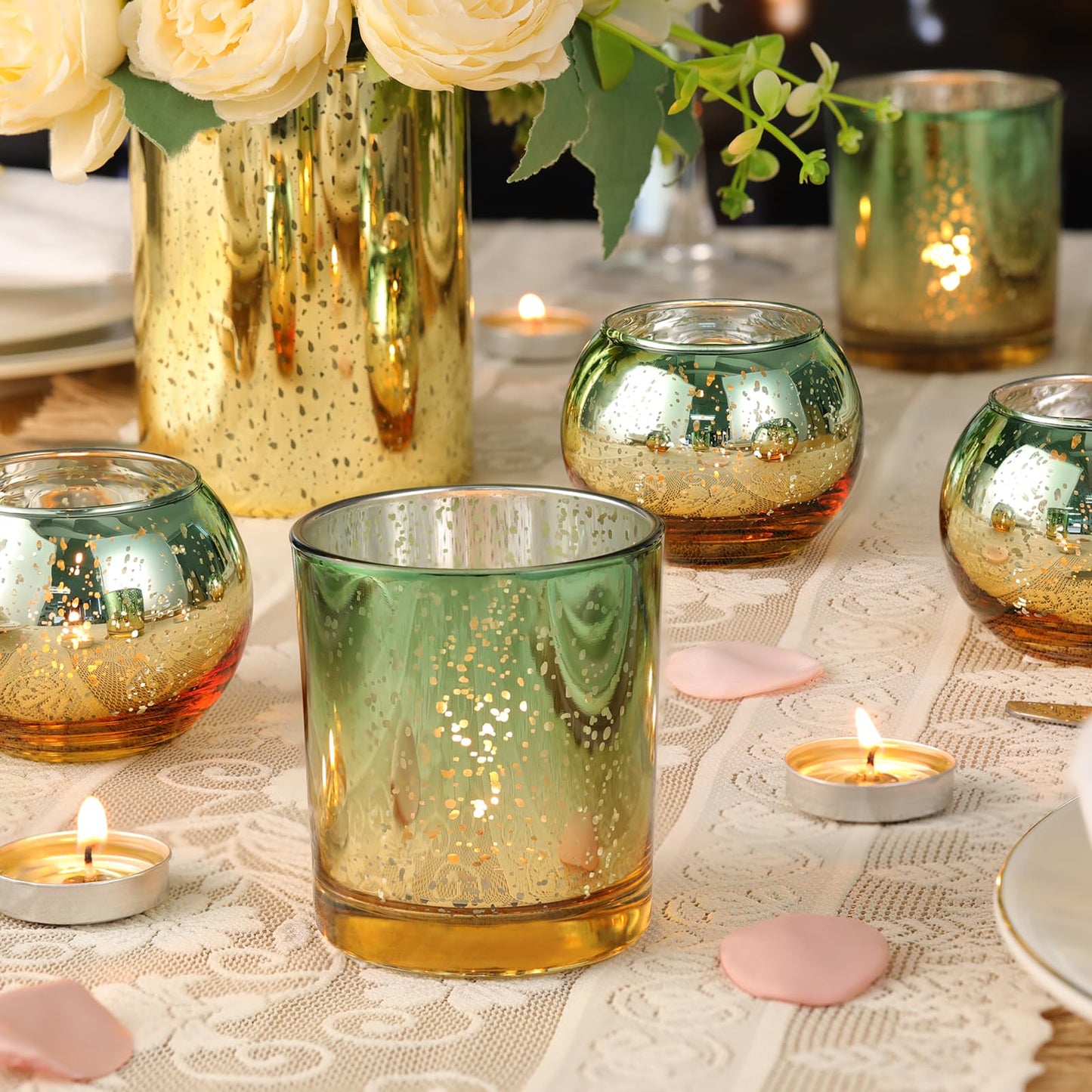 Volens 30pcs Assorted Green Votive Candle Holders Bulk, Large Mercury Glass Votive for Wedding Table Centerpieces, Green and Gold Themed Party Decorations and Home Decor