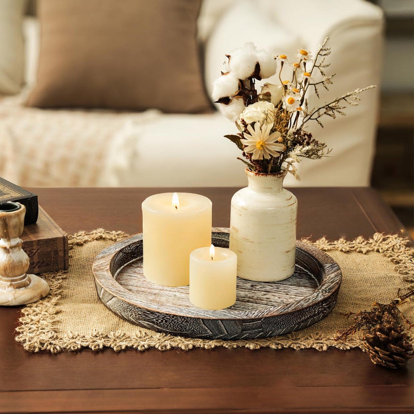 Wooden Decorative Tray Candle Holder: Romadedi Round Wood Tray Home Decor, Whitewash Rustic Trays for Farmhouse Dinning Table Kitchen Countertop Coffee Table Wedding Centerpiece, 11inch, Size L
