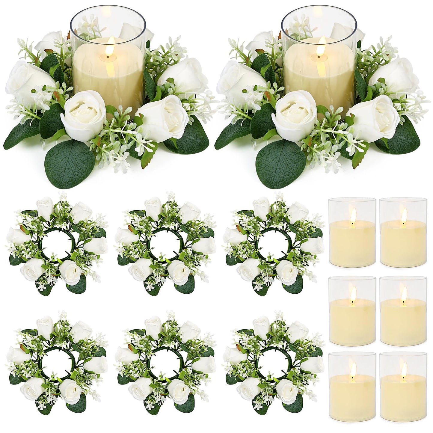 Acmee White Rose Candle Rings with Flameless Candles Sets - 12PCS Artificial Flower Eucalyptus Wedding Centerpiece 3 Inch Pillar Candleholders Wreaths for Wedding Party Decor (White - 6 Sets)