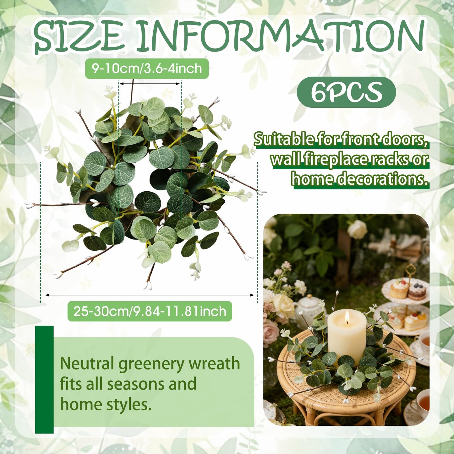 6 Pcs Small Spring Summer Candle Ring Wreaths with Artificial Eucalyptus Greenery White Buds Branches Mini Pillar Candle Holder Wreath for Home Table Centerpieces Kitchen Wedding Farmhouse Party Decor