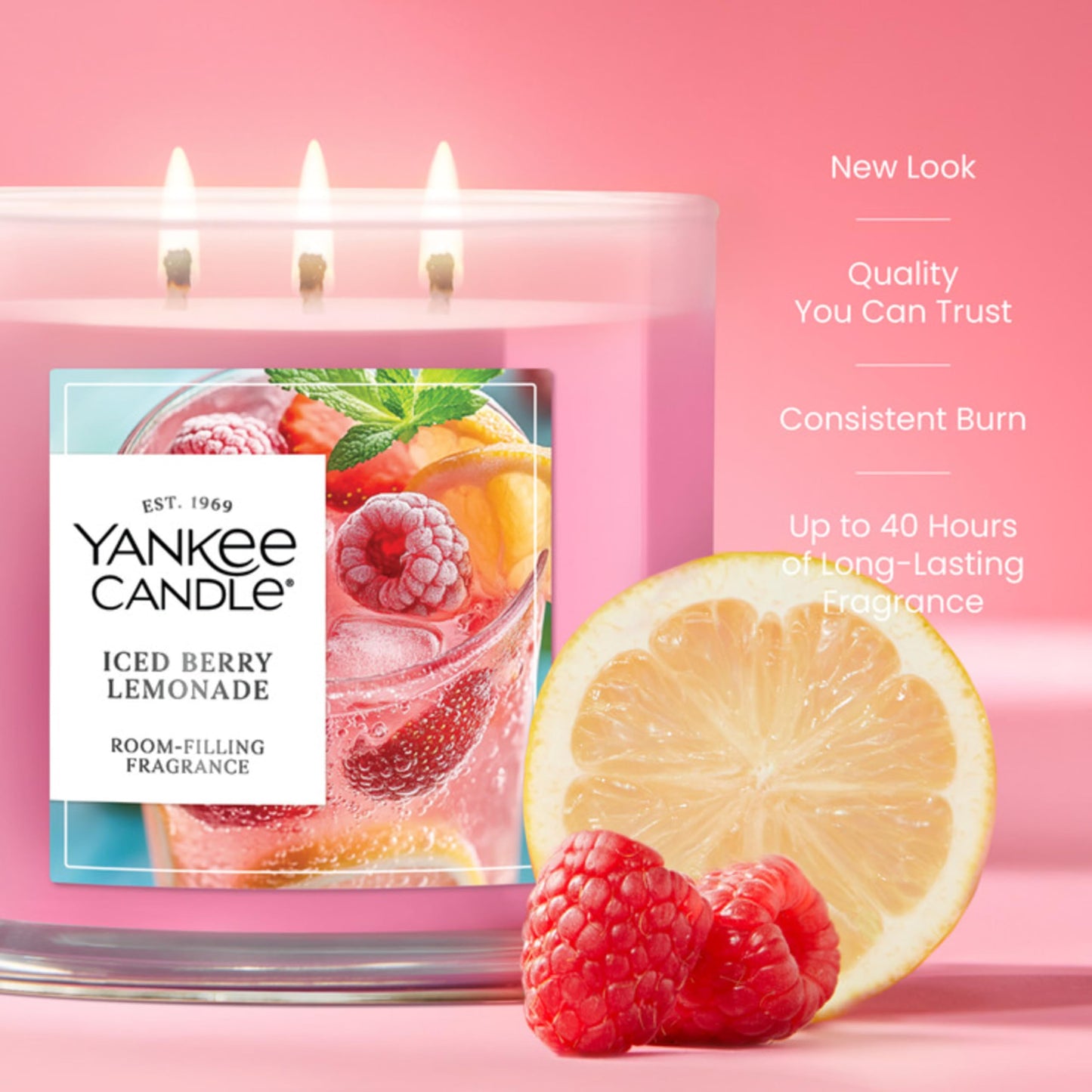 Yankee Candle Iced Berry Lemonade, Scented Candle, 14.5oz 3-Wick Candle Jar with up to 40 Hours Burn Time