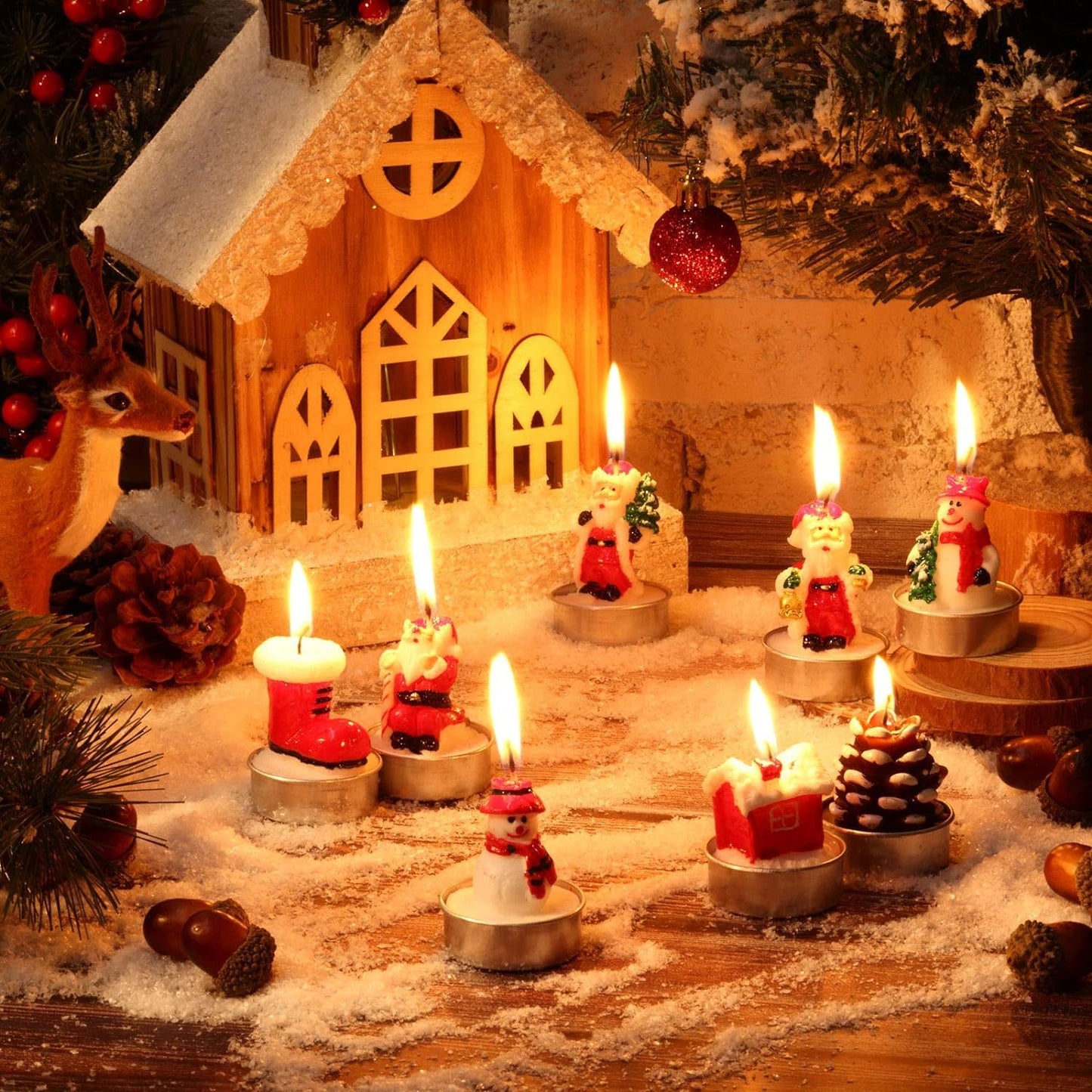 3 Pieces Tealight Candles Handmade Delicate Santa Hat Claus Christmas Tree Candle Wax Snowman Elk Pinecone House Candles for Party Wedding Spa Home Decoration Christmas Gifts