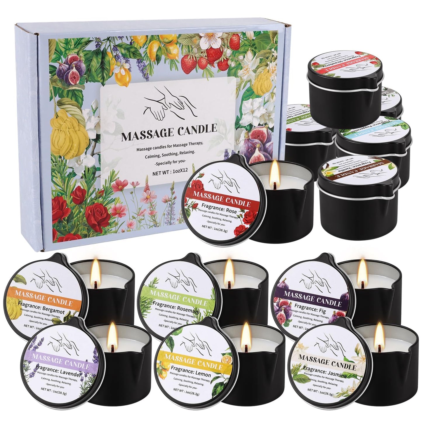 12-Pack Massage Candle Set - Low Temperature Soy Wax Melts into Silky Smooth Massage Oil, 1oz Aromatherapy Candles for Couples, Home Spa, Relaxation & Romantic Gifts (12 Scents)