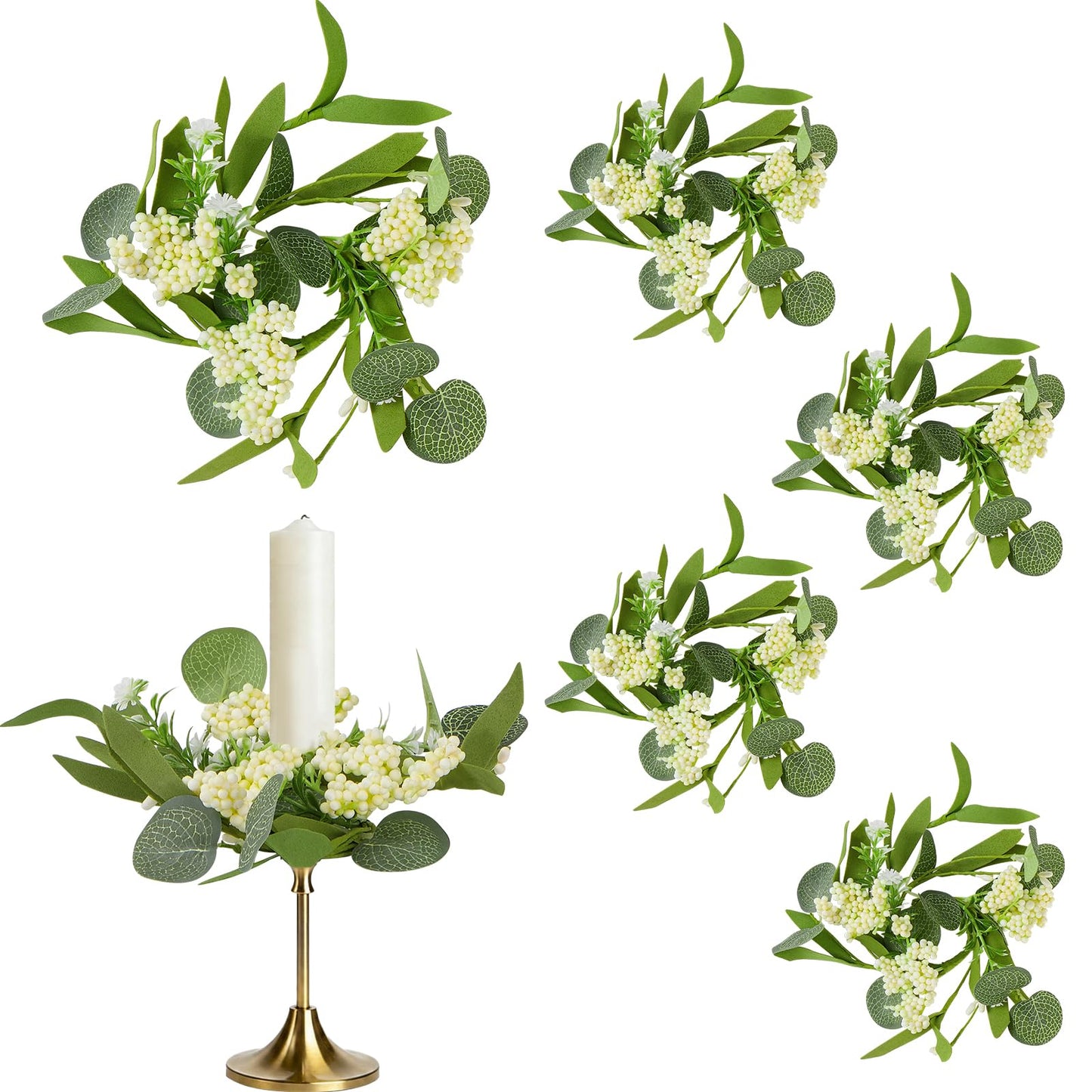6 PCS Eucalyptus Mini Candle Rings Wreaths 1.38" Green Artificial Flower Berry Candle Holder Ring Spring Summer Flower Rings for Centerpieces Farmhouse Home Church Candlesticks Table Decor