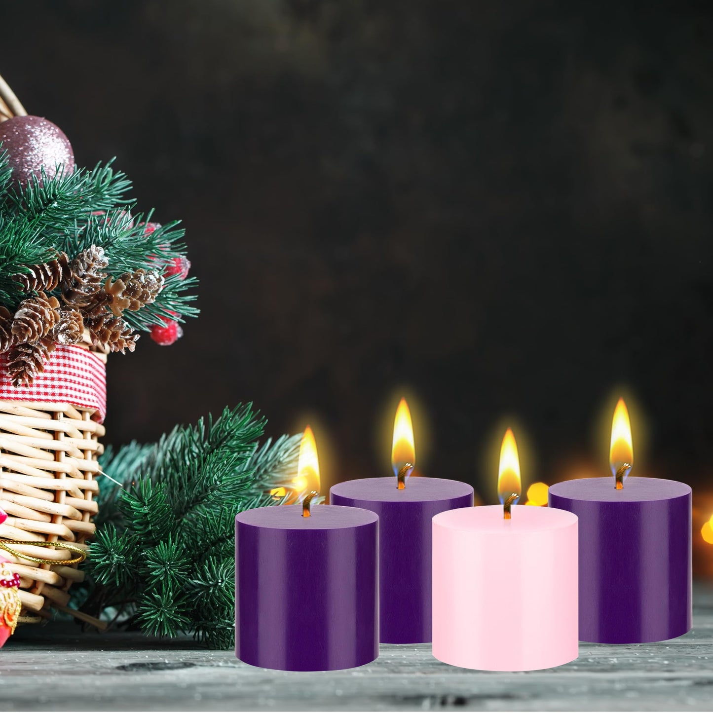 Mega Candles 4 pcs Unscented Christmas Advent Candles Set, Hand Poured Premium Wax Round Pillar Candle 3 Inch x 3 Inch, Holidays, Occasions, Events, Festivities, Devotional, Church, Wreath, Gifts