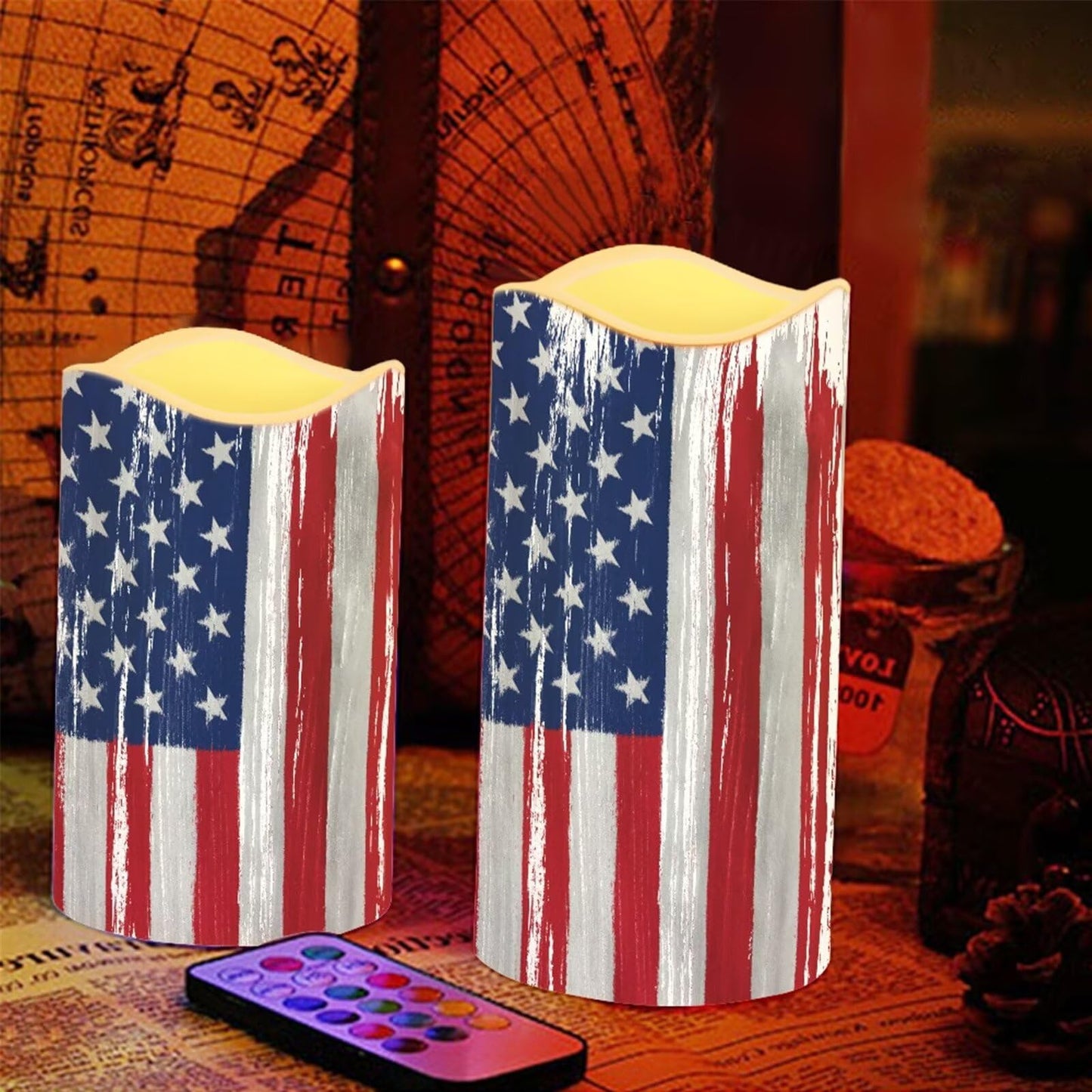 Ystardream American Flag Luminara Candles Battery Operated Candle Blink with Timer, Pillar Embedded Flameless Candle, LED Candle for Wedding Men Women's Gift