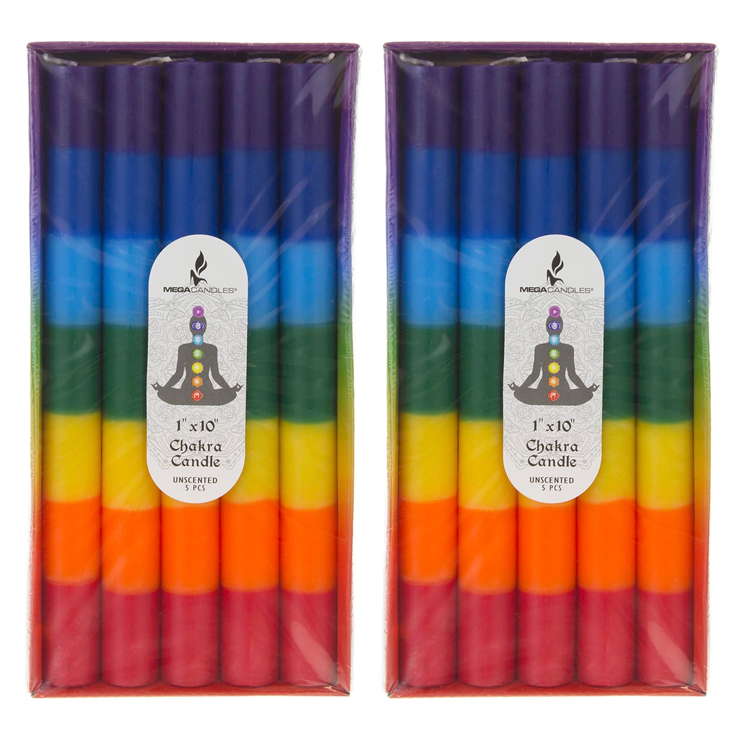 Mega Candles 10 pcs Unscented Multi Color Straight Taper Chakra Candles, Hand Poured Premium Wax Candle 10 Inch x 1 Inch, 100% Cotton Wick, Positive Healing Energy, Meditation, Relaxation, Reiki, Yoga