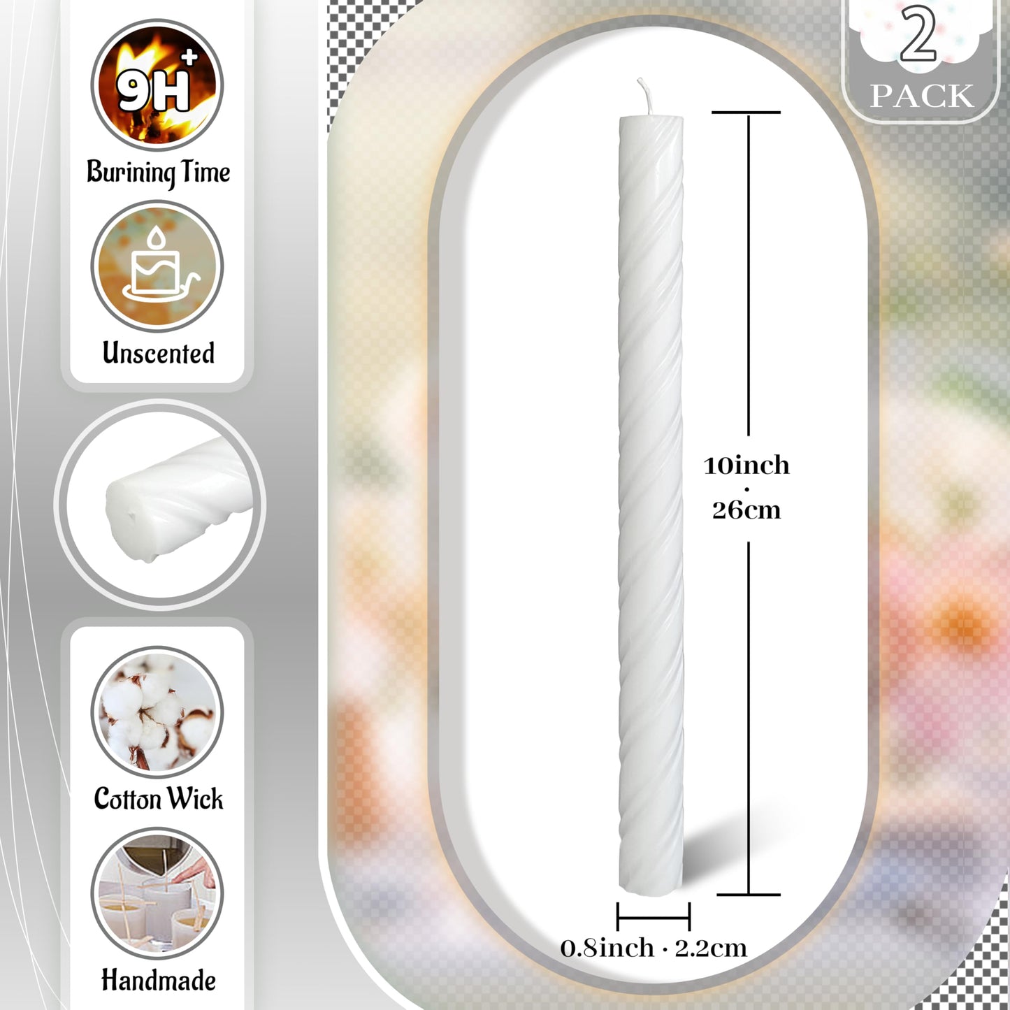 Twisted Taper Candles White Unscented Tall Candle Sticks Handmade Smokeless Candlesticks Dinner Long Candles for Party Art Home Decor-10 Inch Set of 2