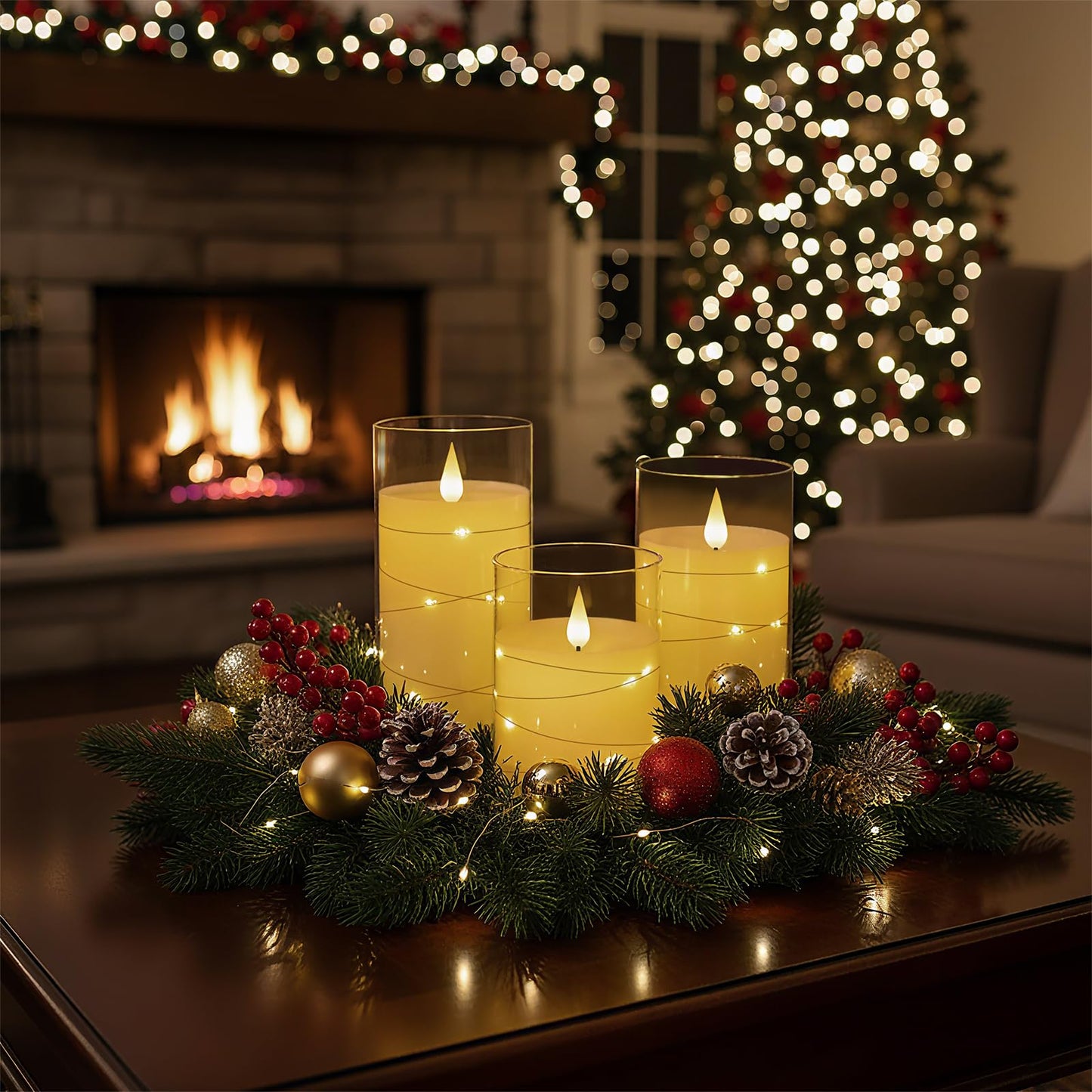 Homemory Flickering Flameless Candles with String Lights, Battery Operated Candles, Embedded String Lights LED Candles, Unbreakable Plexiglass Candle with Remote, Set of 3, Ivory White