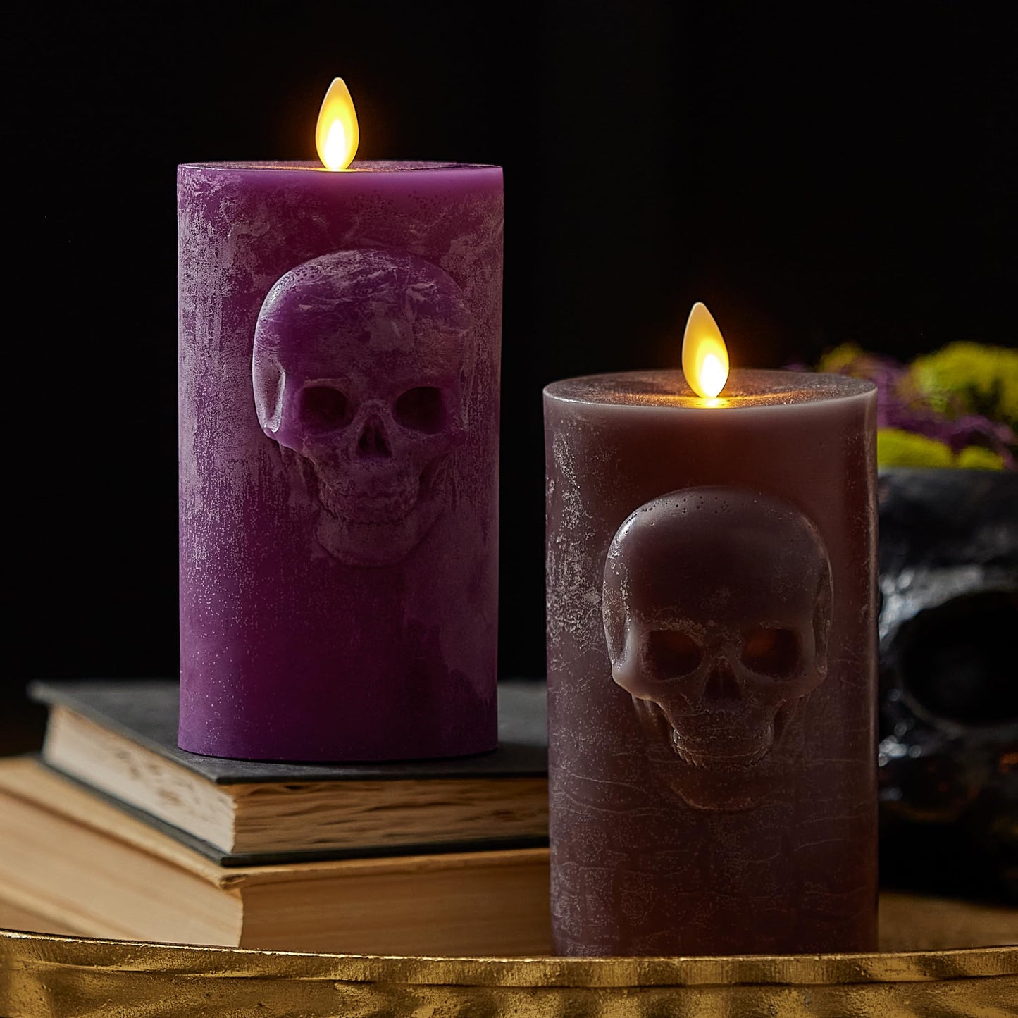 Luminara Chalky Skull LED Candle, Imperial Purple, Moving Flame, Gothic Halloween Decor, Battery Operated Flameless Unscented Wax Timer Indoor
