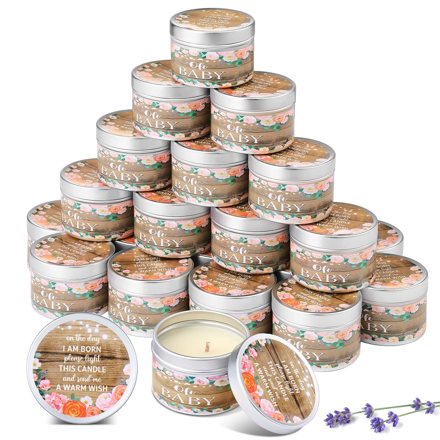 MTLEE 24 Pcs Wood Grain Baby Shower Party Favors Candles Lavender Scented Baby Shower Favors for Guests Rustic Tealights Candles Gender Reveal Return Gifts(1.2 Oz, Khaki)