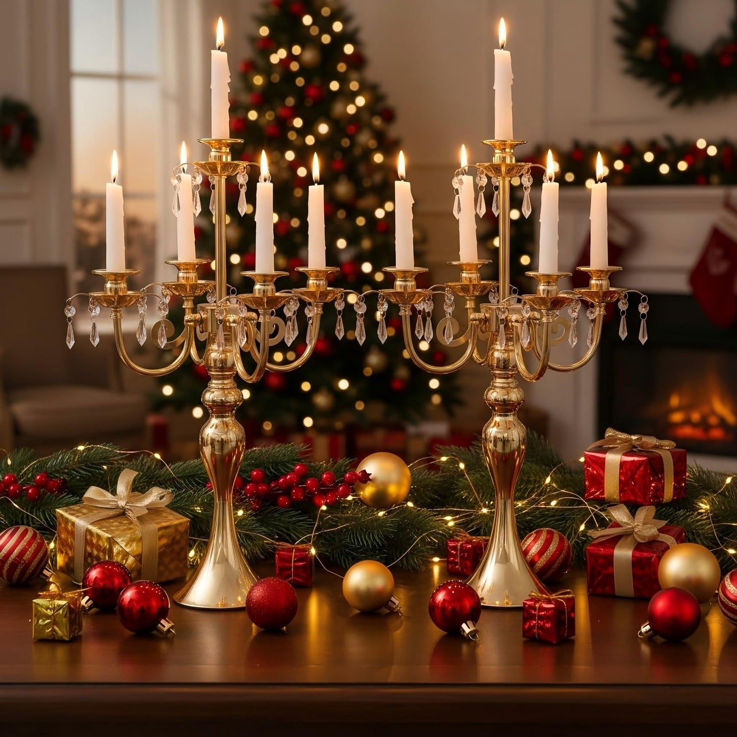 Candelabras Centerpieces for Tables, 20" Tall Candlestick Holder for Taper Candles, 5 Arm Crystal Candelabra Candle Holder for Wedding Centerpiece Decor Party Event Reception Decoration (Gold)
