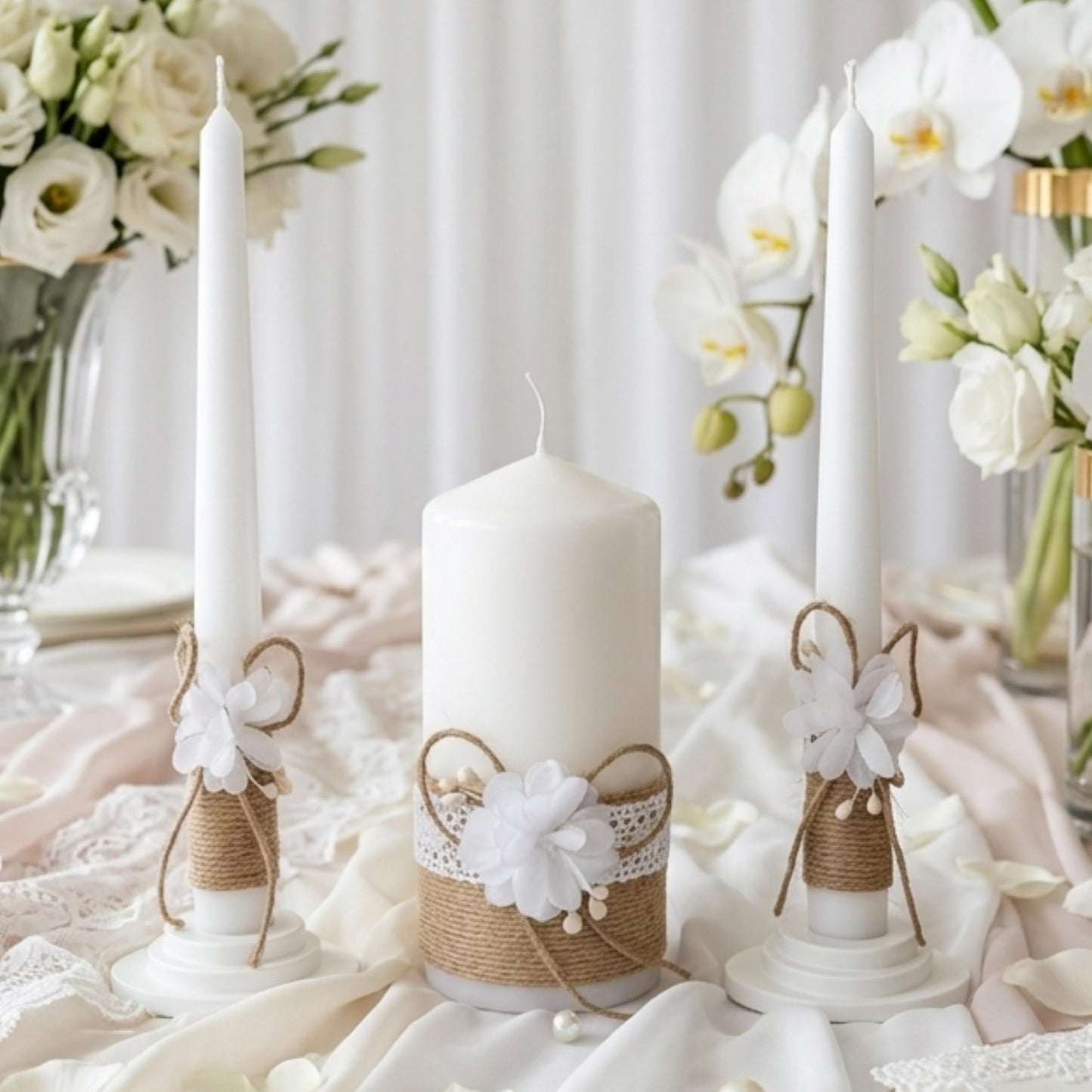 Magik Life Unity Candle Set - Wedding Ceremony & Reception – 6” Pillar & Two 10” Taper Candles – Long Burning Wedding Unity Candles for Marriage Ritual – Home Decor- Handmade in USA – White | Rustic
